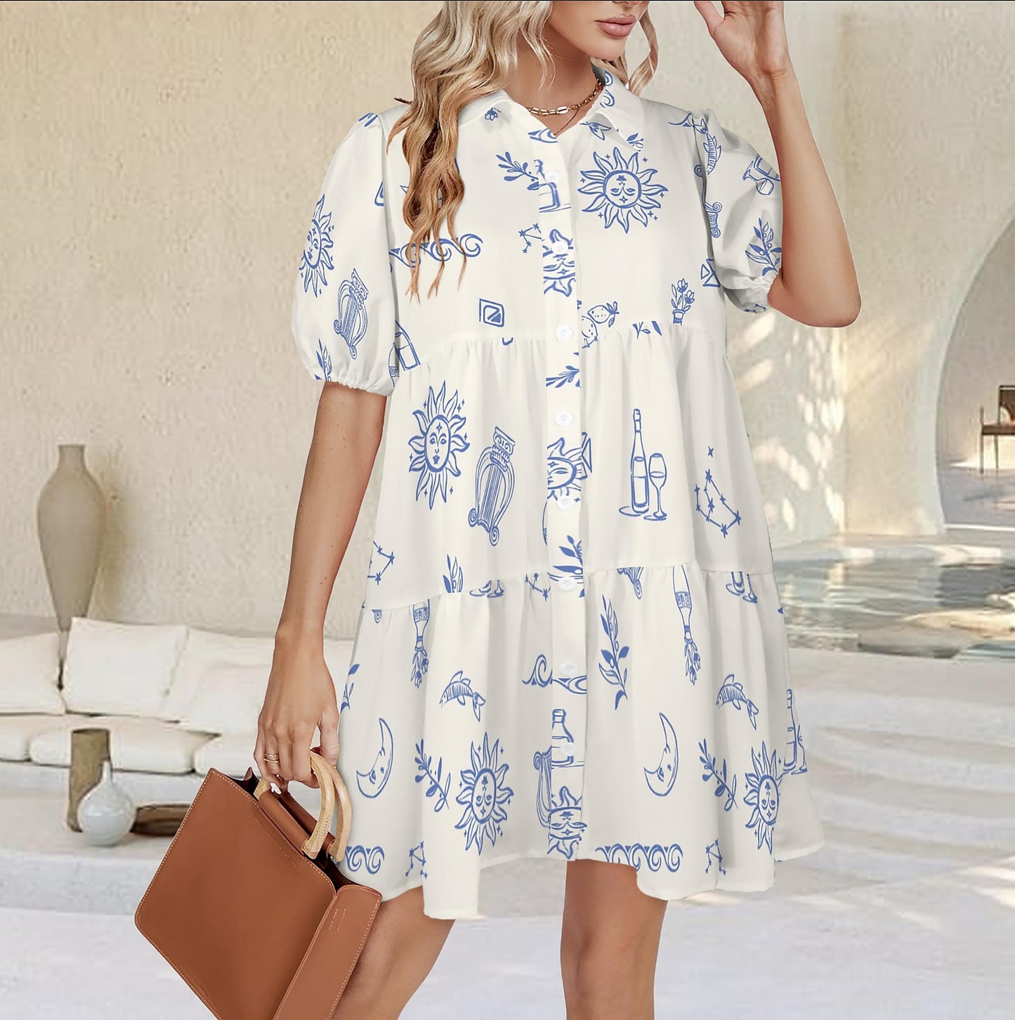 Puff Sleeve Tiered Button Down Casual Shirt Dress