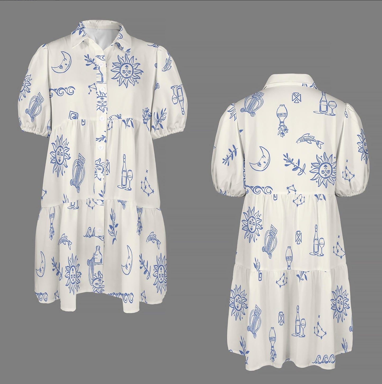 Puff Sleeve Tiered Button Down Casual Shirt Dress