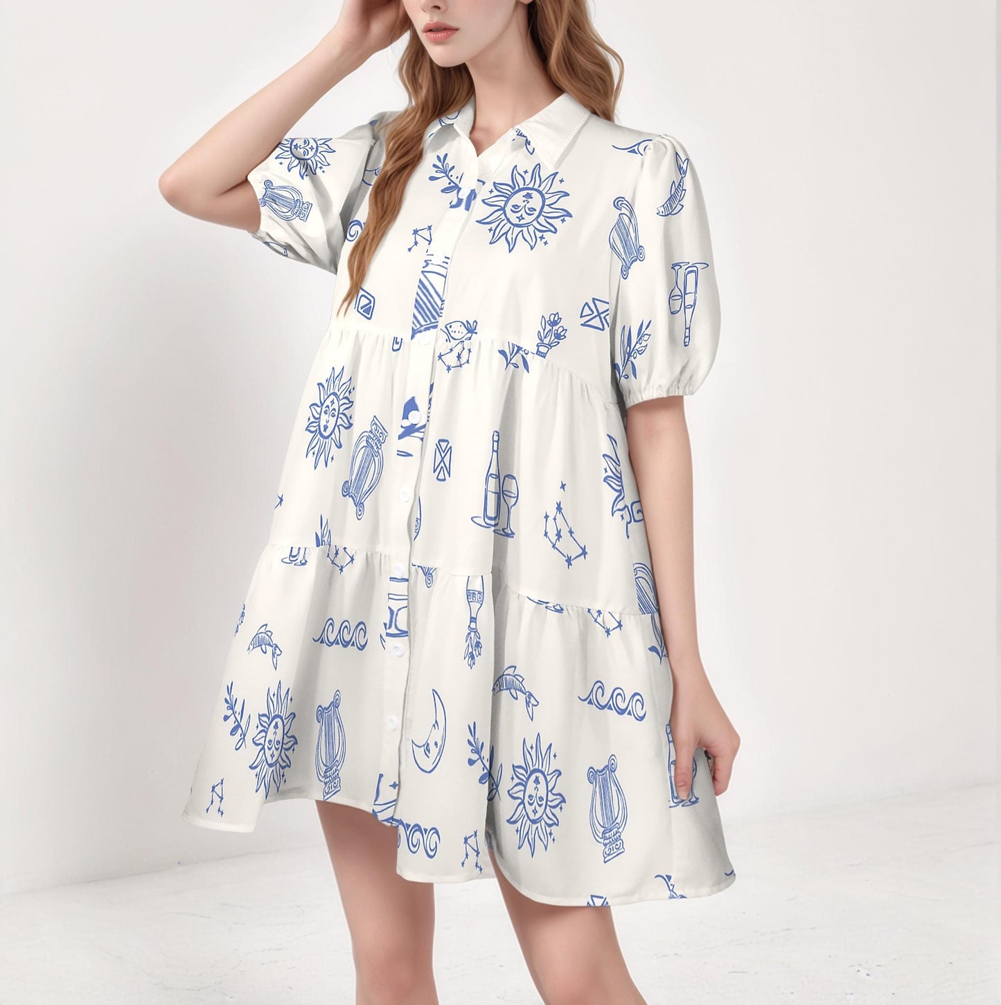 Puff Sleeve Tiered Button Down Casual Shirt Dress