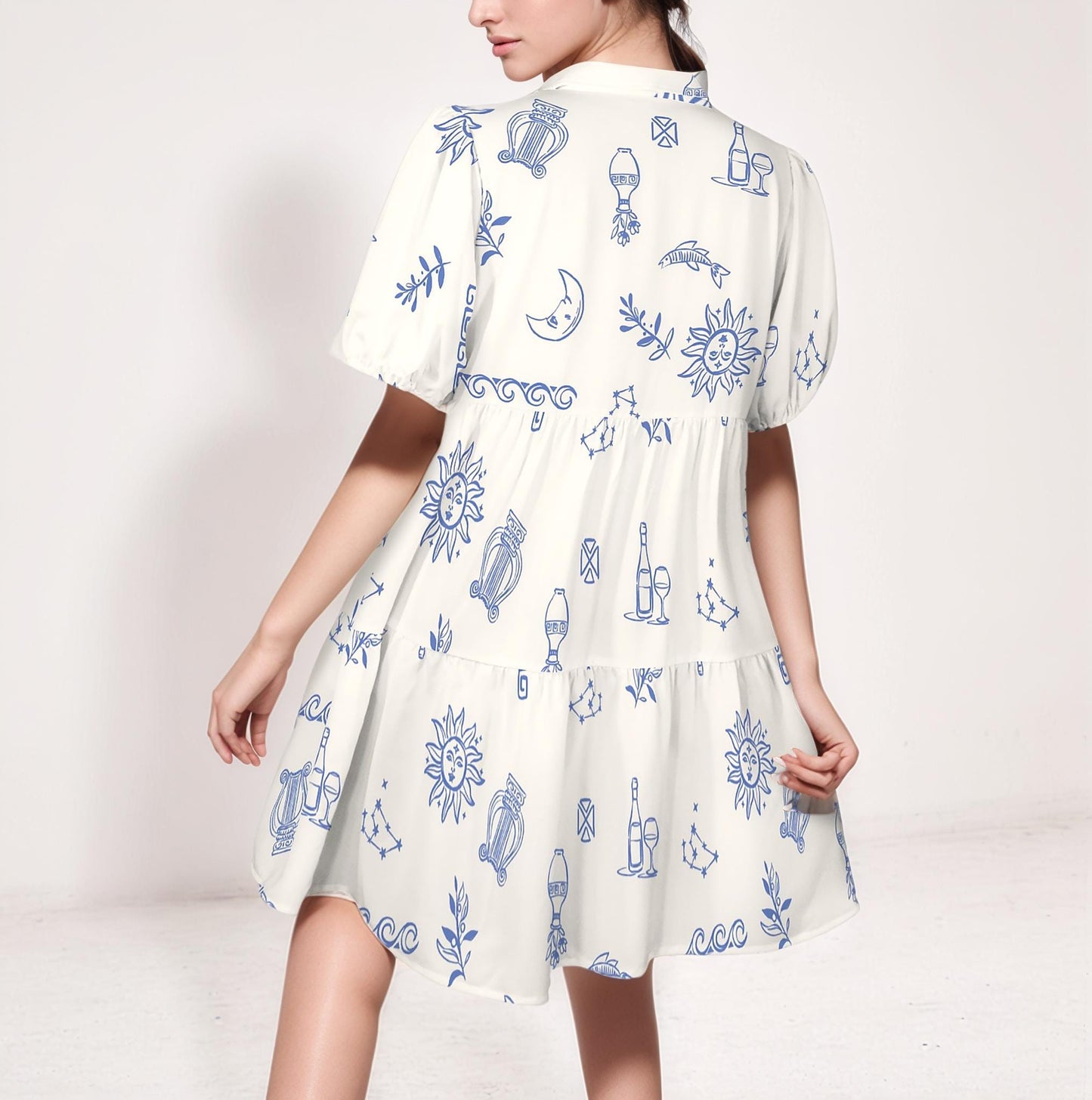 Puff Sleeve Tiered Button Down Casual Shirt Dress