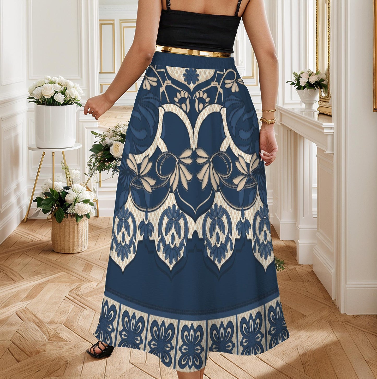 Women's Tie Front Pleated High Waist Floral Maxi Skirt