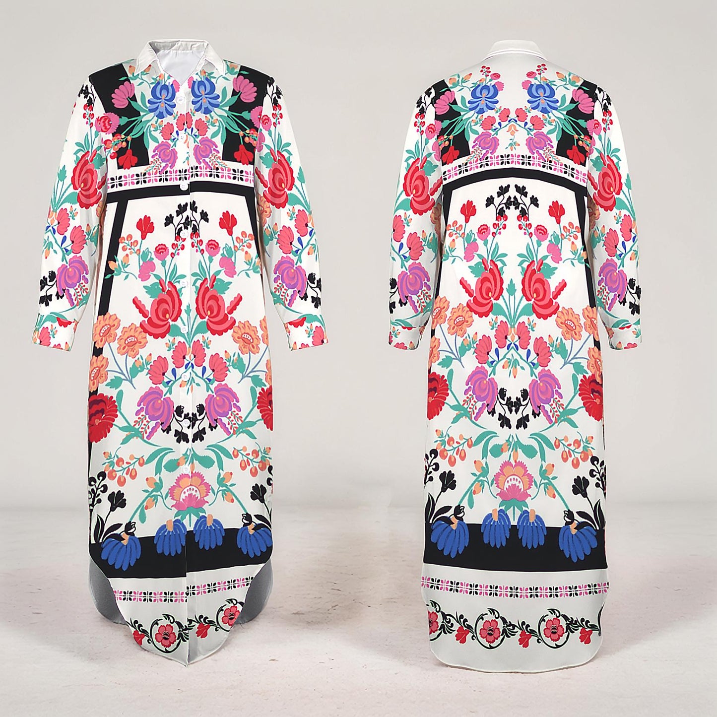 Women's Floral Long Sleeve Button Down Maxi Shirt Dress