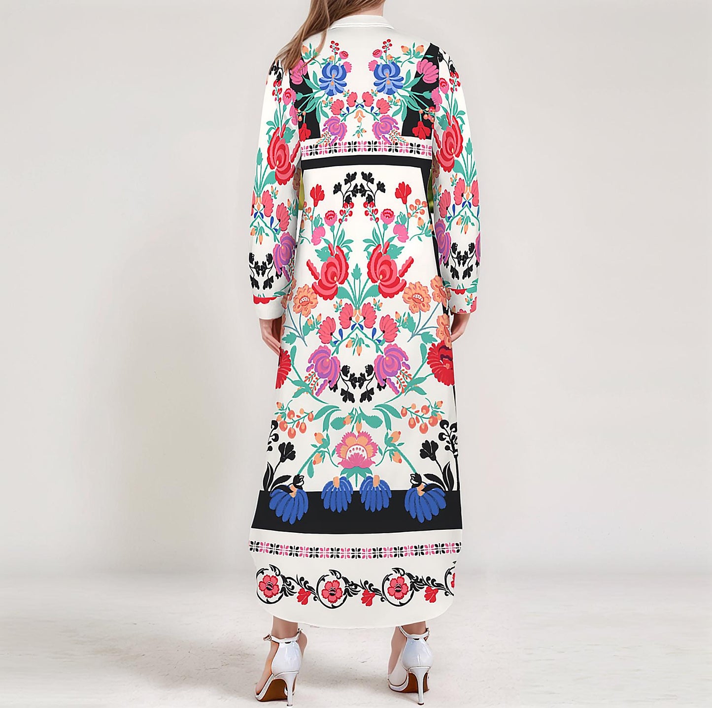 Women's Floral Long Sleeve Button Down Maxi Shirt Dress