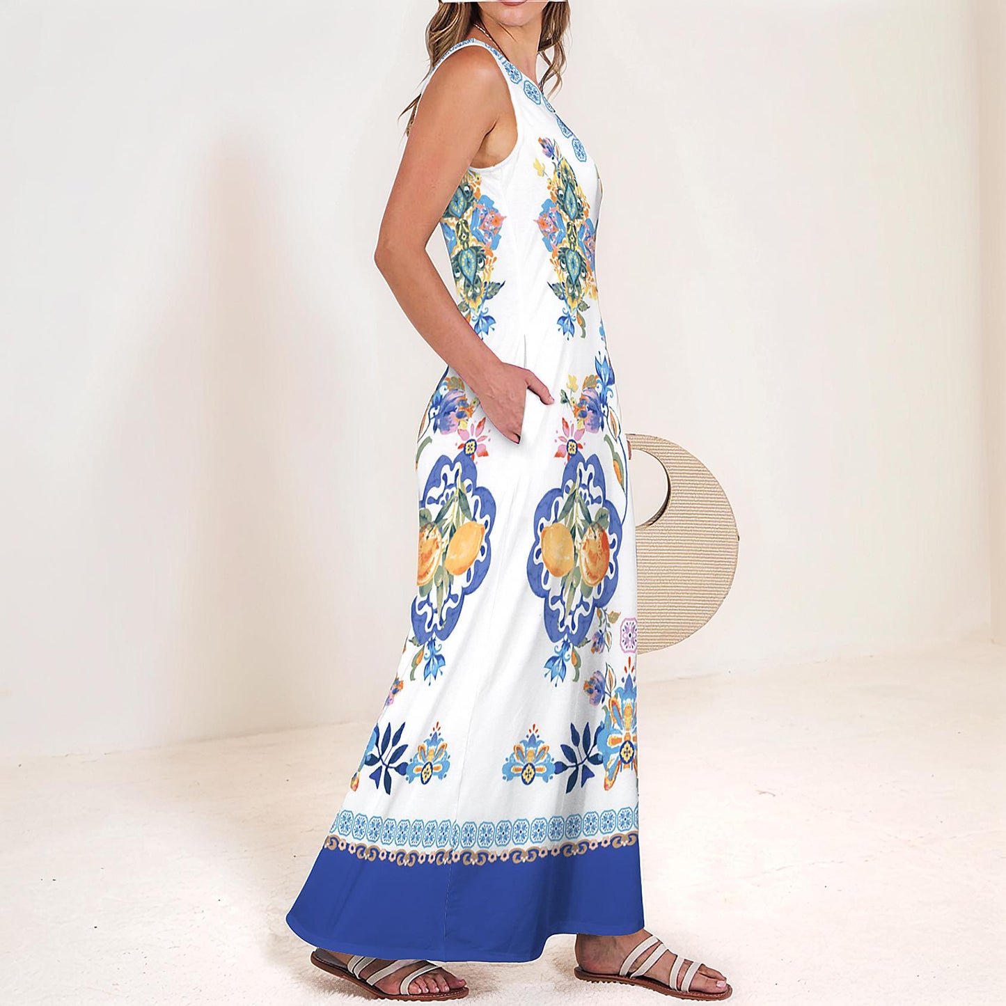 Women's Floral Sleeveless Maxi Dress with Pocket