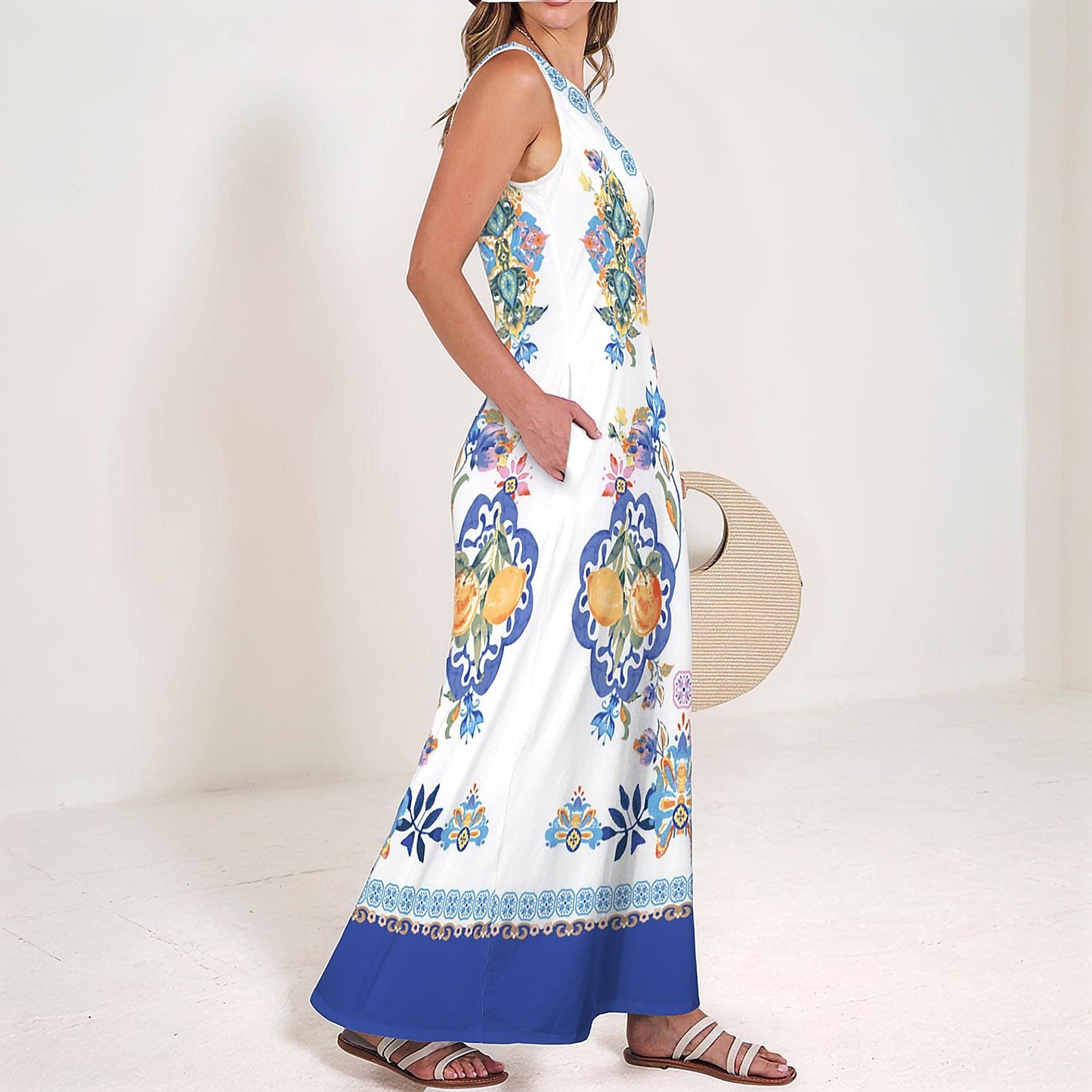 Women's Floral Sleeveless Maxi Dress with Pocket