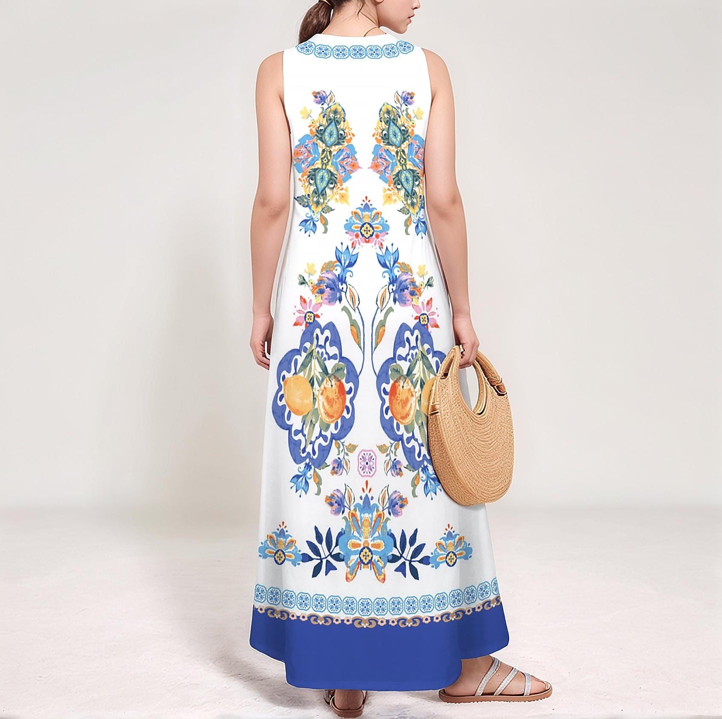 Women's Floral Sleeveless Maxi Dress with Pocket