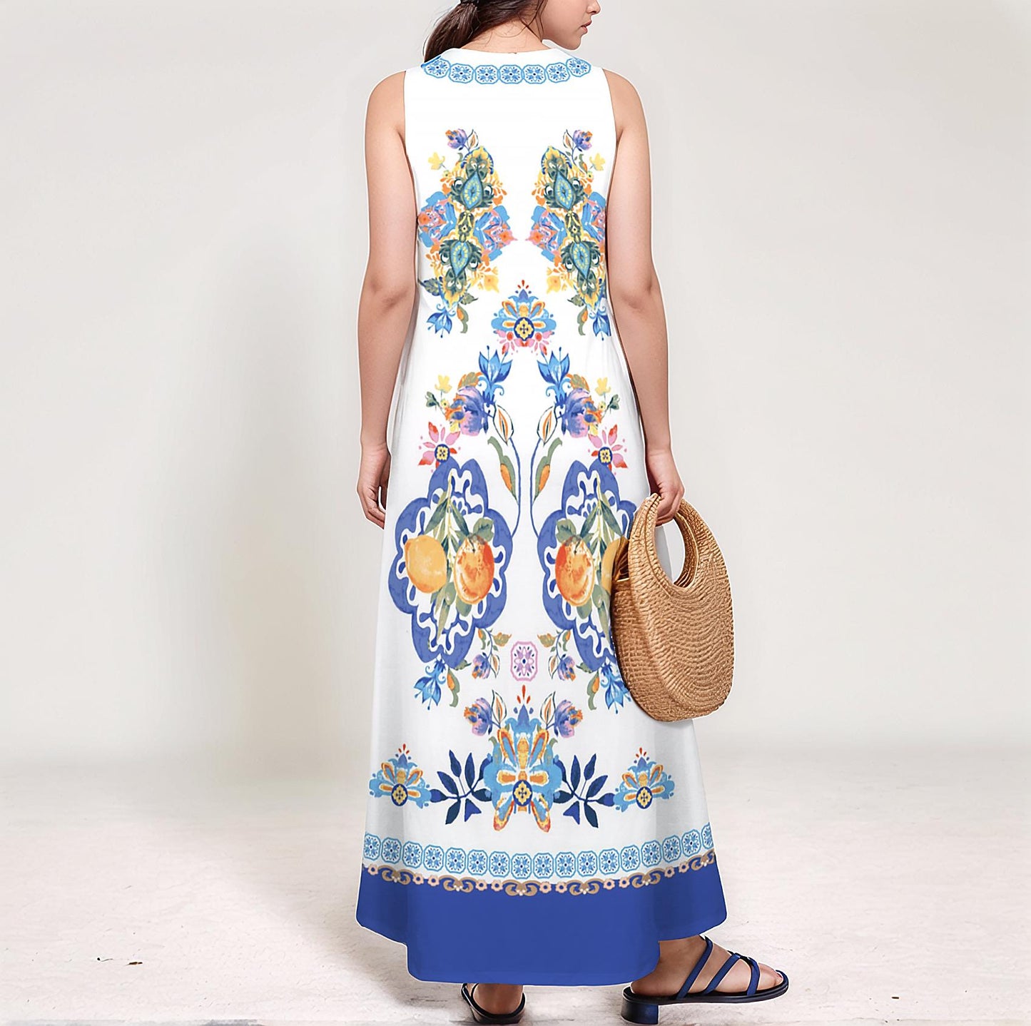 Women's Floral Sleeveless Maxi Dress with Pocket