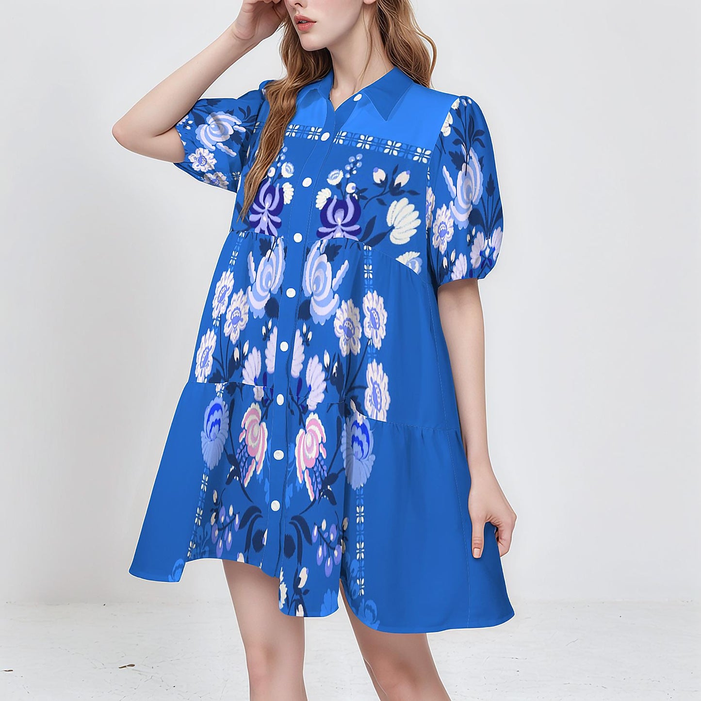 Women's Floral Short Sleeve Tiered Button Down Casual Shirt Dress | Spring Casual Dress | Boho Chic Shirt Dress | Comfortable Summer Dress