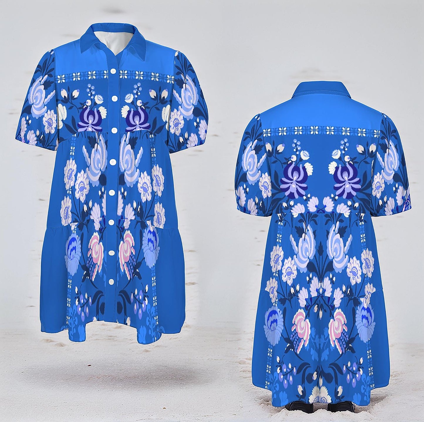 Women's Floral Short Sleeve Tiered Button Down Casual Shirt Dress | Spring Casual Dress | Boho Chic Shirt Dress | Comfortable Summer Dress