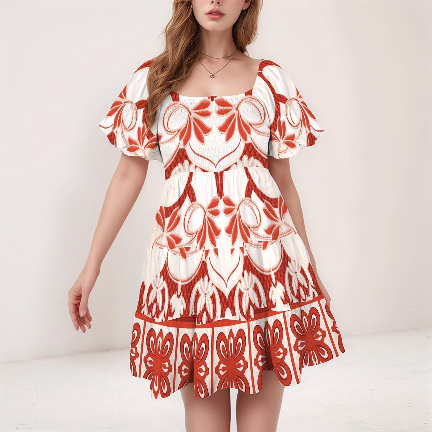 Women's Floral Square Neck Puff Sleeve Tiered A-Line Dress