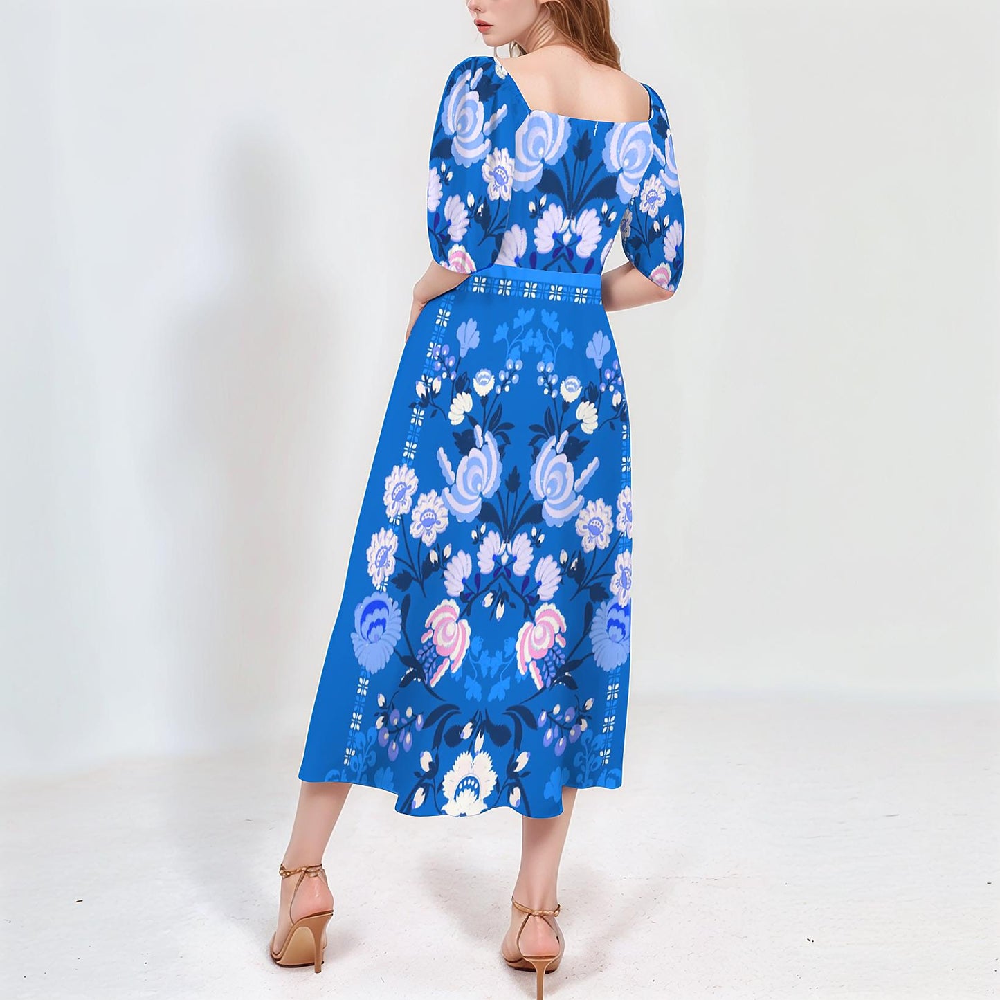Women's Floral Short Sleeve Square Neck Split Midi Dress