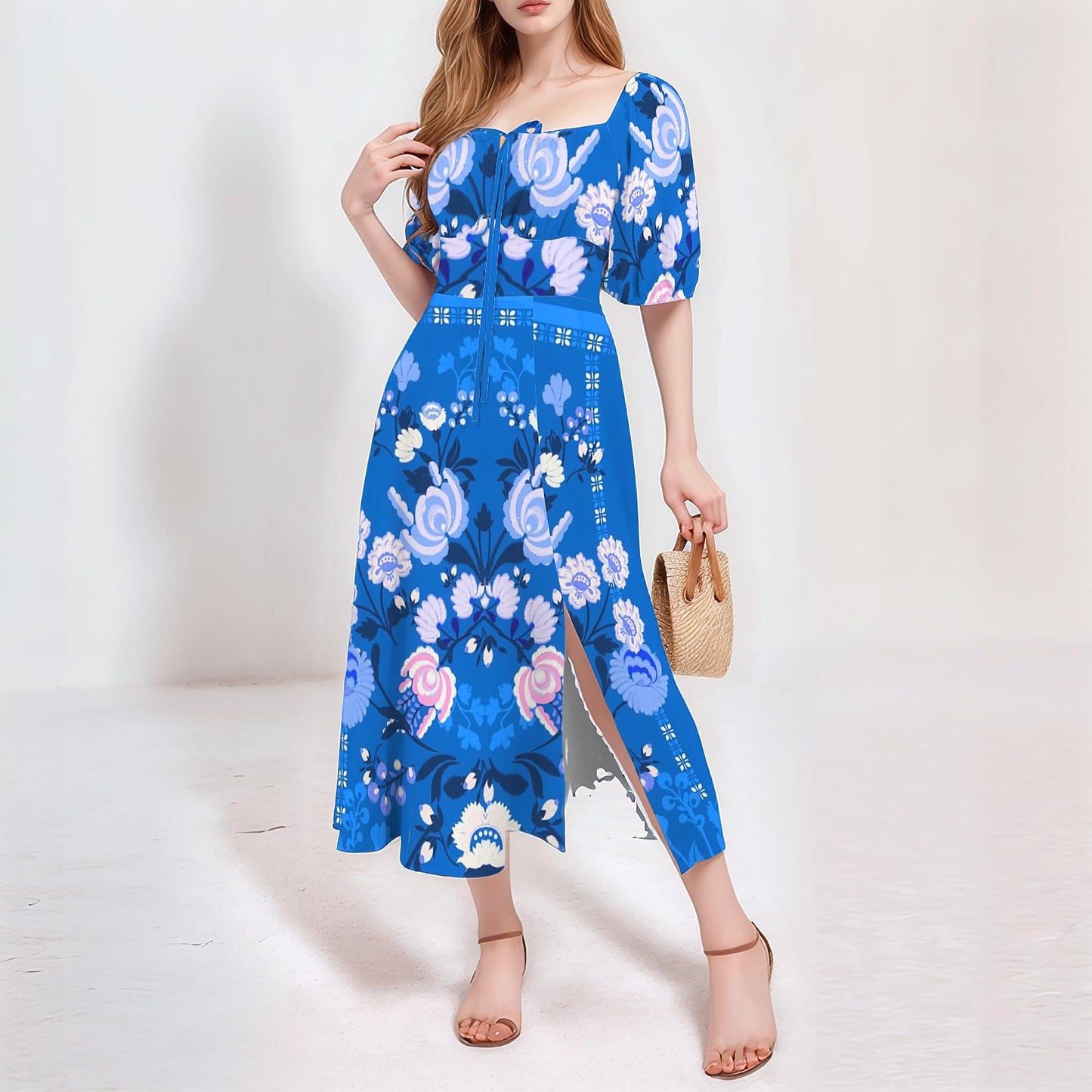 Women's Floral Short Sleeve Square Neck Split Midi Dress
