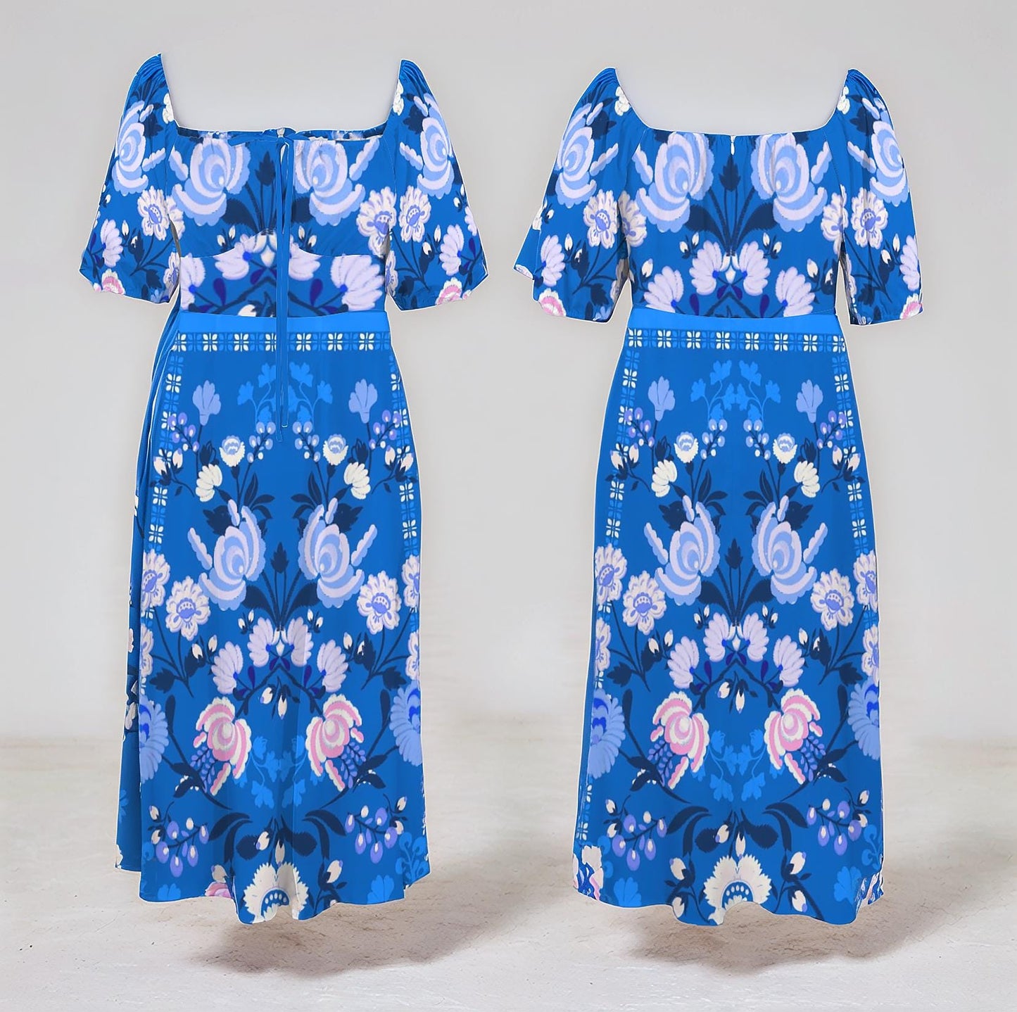 Women's Floral Short Sleeve Square Neck Split Midi Dress