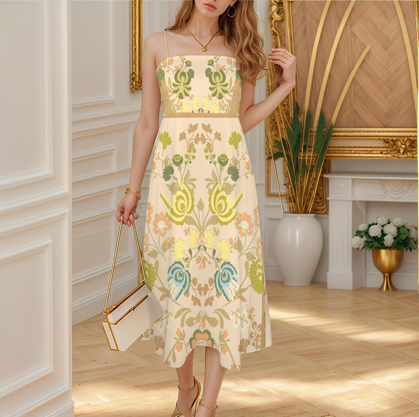 Women's Floral Spaghetti Strap Flowy Midi Dress