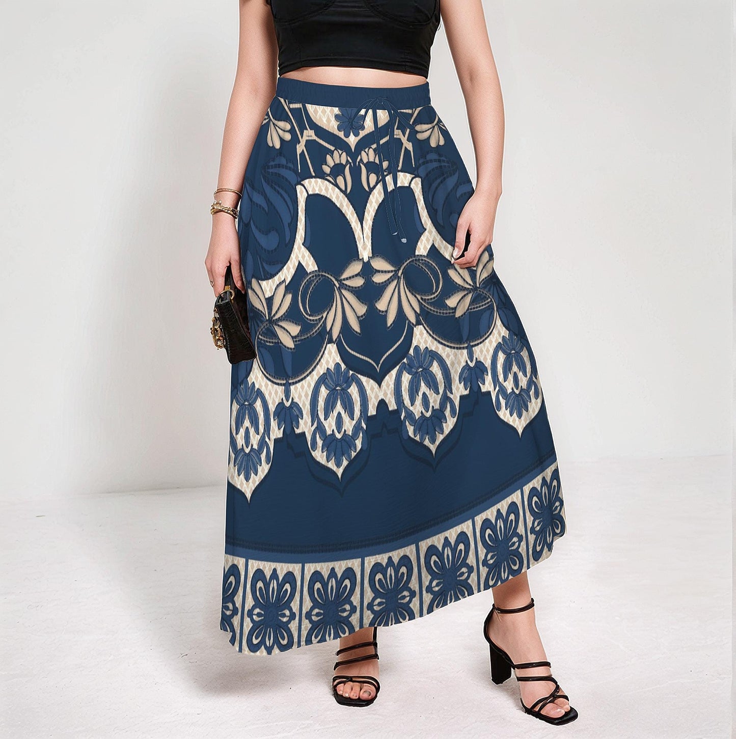 Women's Tie Front Pleated High Waist Floral Maxi Skirt