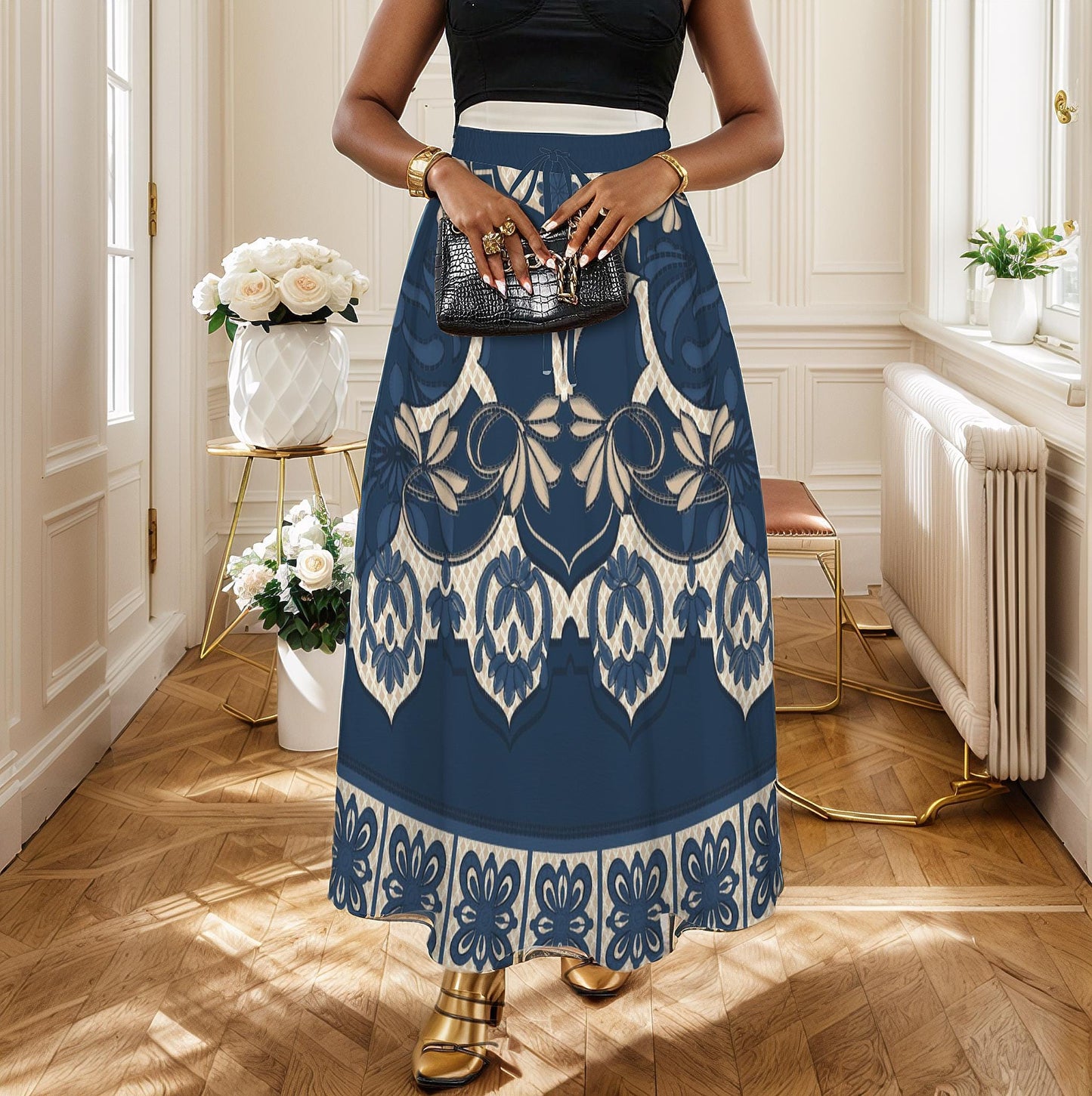 Women's Tie Front Pleated High Waist Floral Maxi Skirt