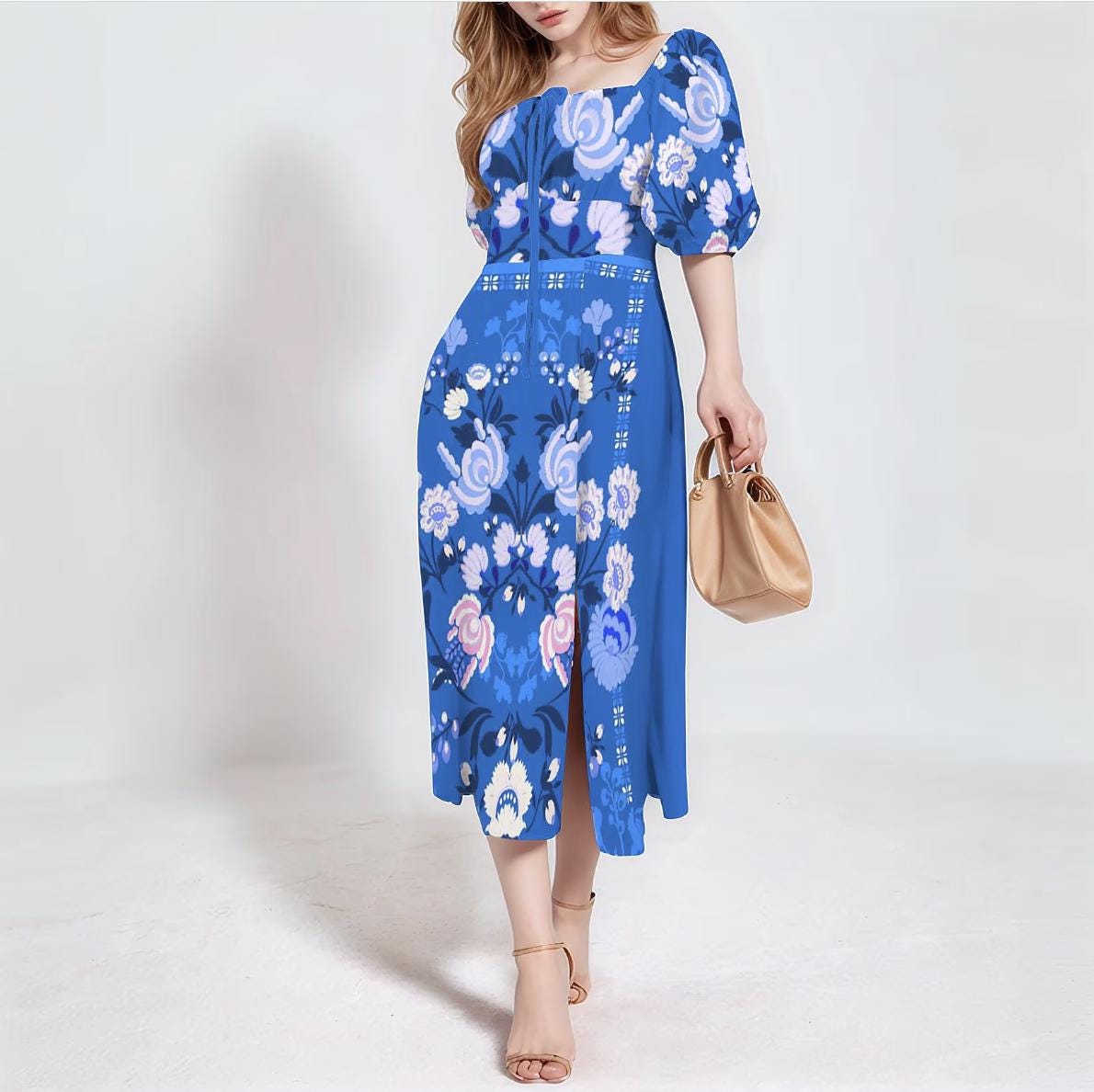 Women's Floral Short Sleeve Square Neck Split Midi Dress