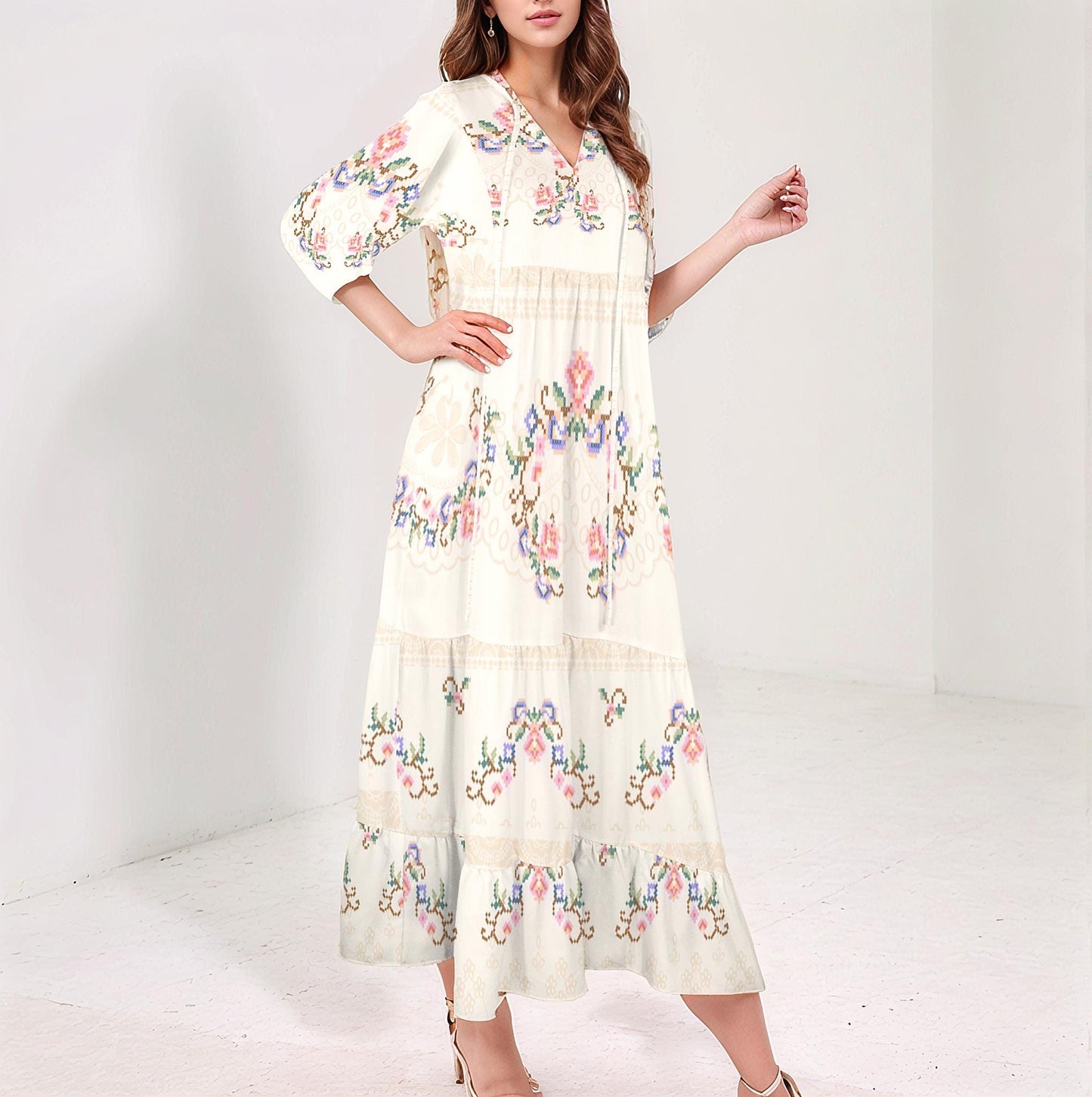 Womens Floral Half Sleeve V Neck Maxi Dress