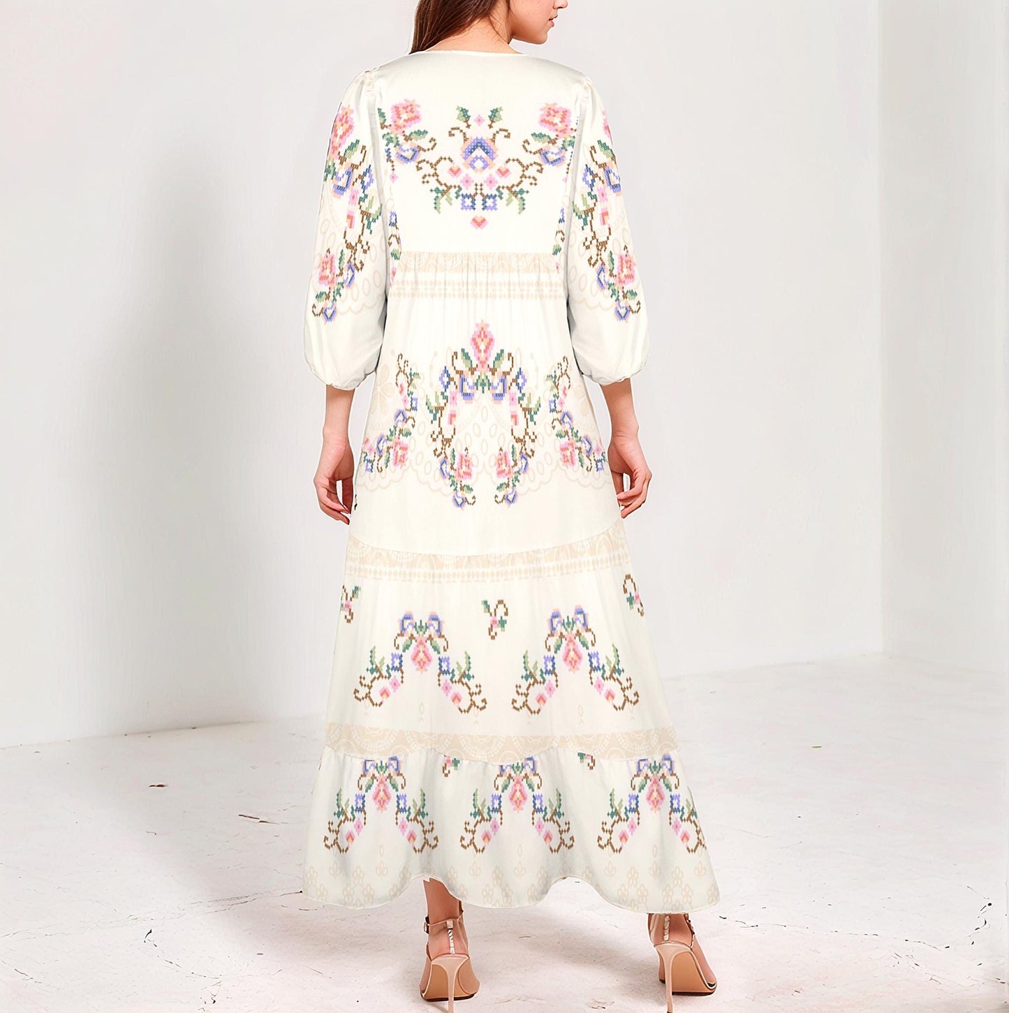 Womens Floral Half Sleeve V Neck Maxi Dress