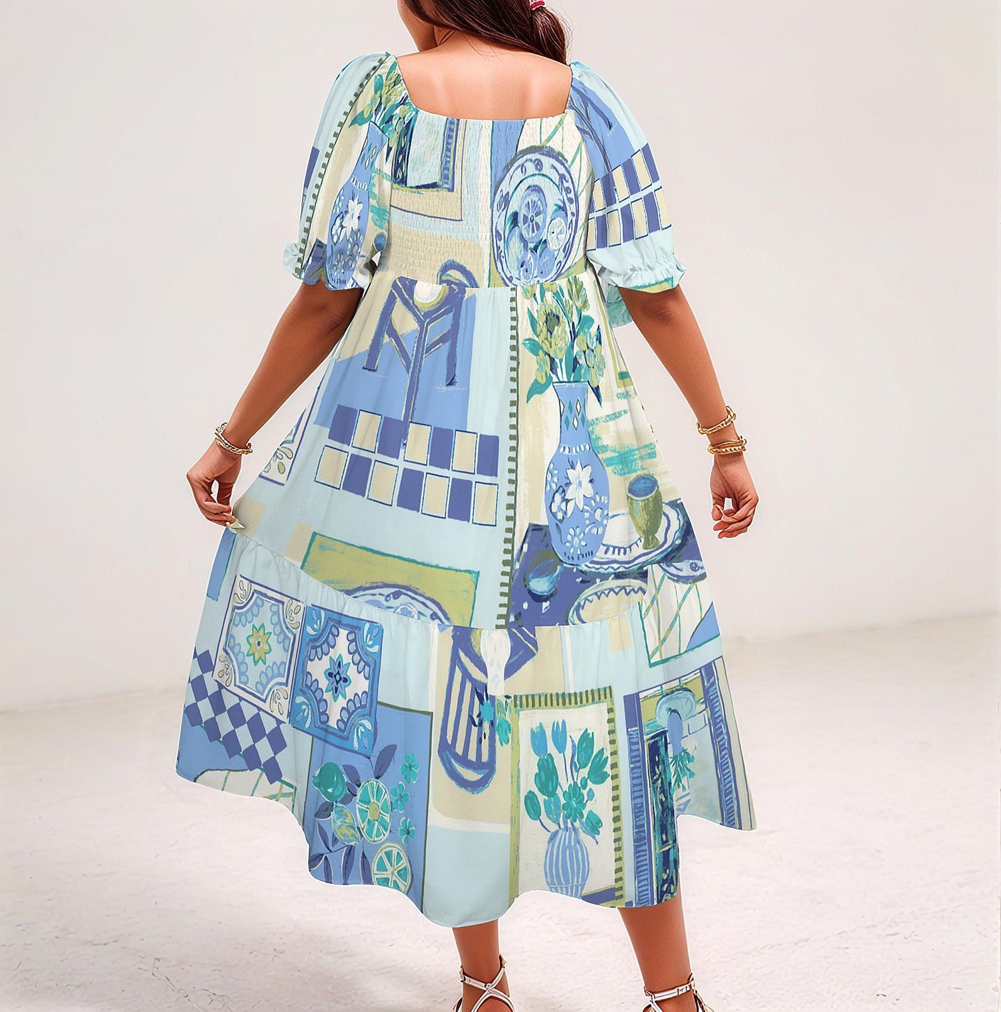 Women's Puff Sleeve Square Neck A-line Midi Dress | Boho Chic Midi | Casual Spring Dress | Elegant Summer Outfit