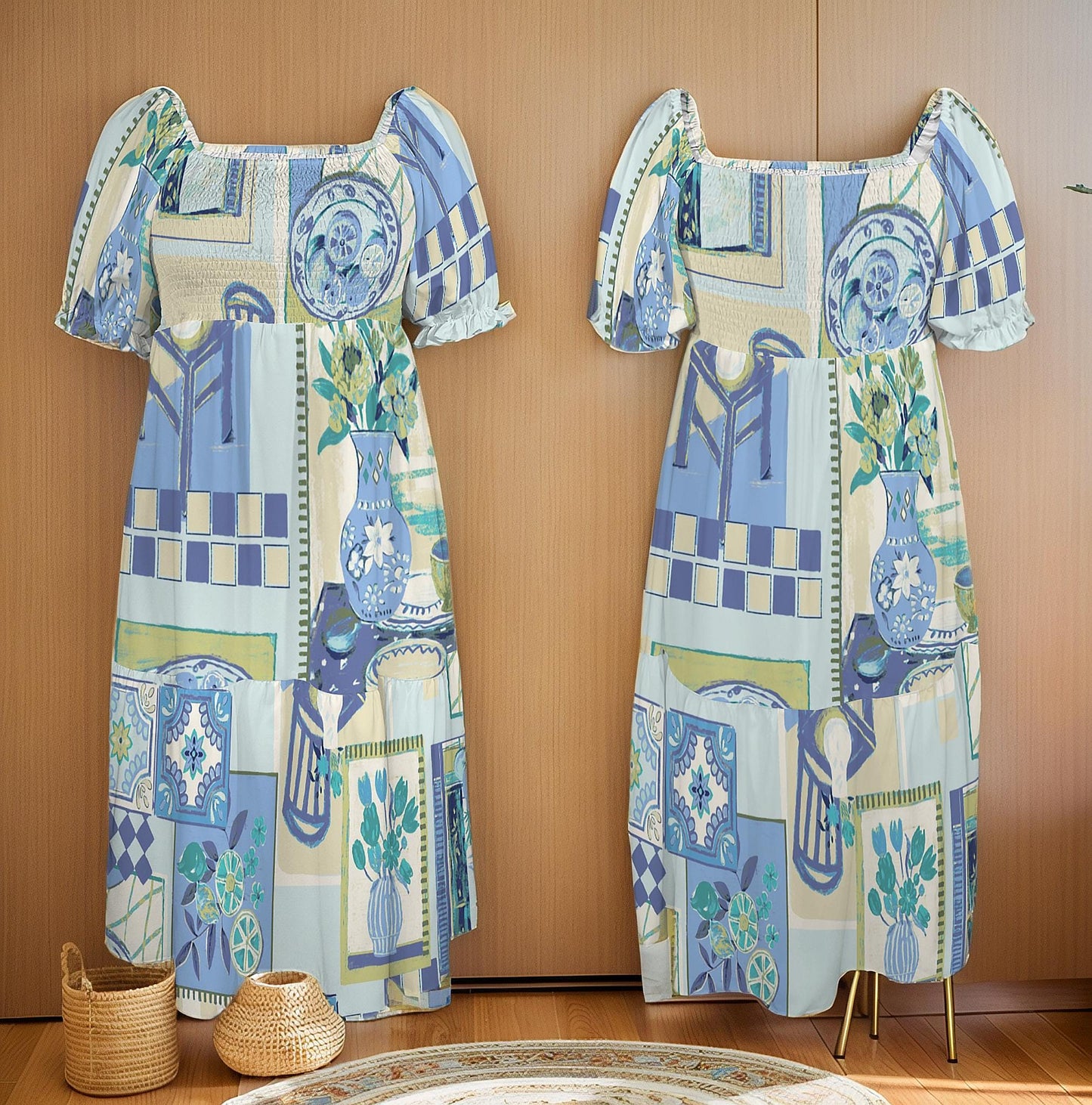 Women's Puff Sleeve Square Neck A-line Midi Dress | Boho Chic Midi | Casual Spring Dress | Elegant Summer Outfit