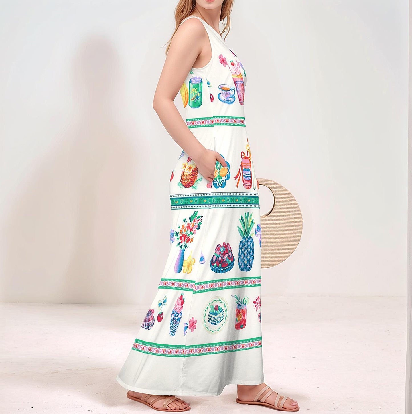 Women's Fruit Print Sleeveless Maxi Dress