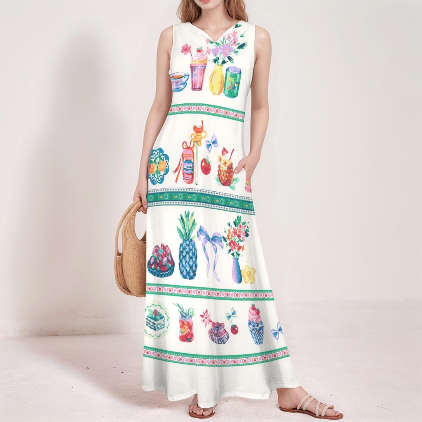 Women's Fruit Print Sleeveless Maxi Dress