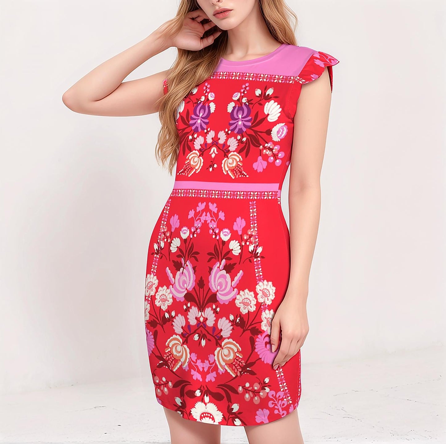 Women's Floral Ruffle Round Neck Bodycon Dress