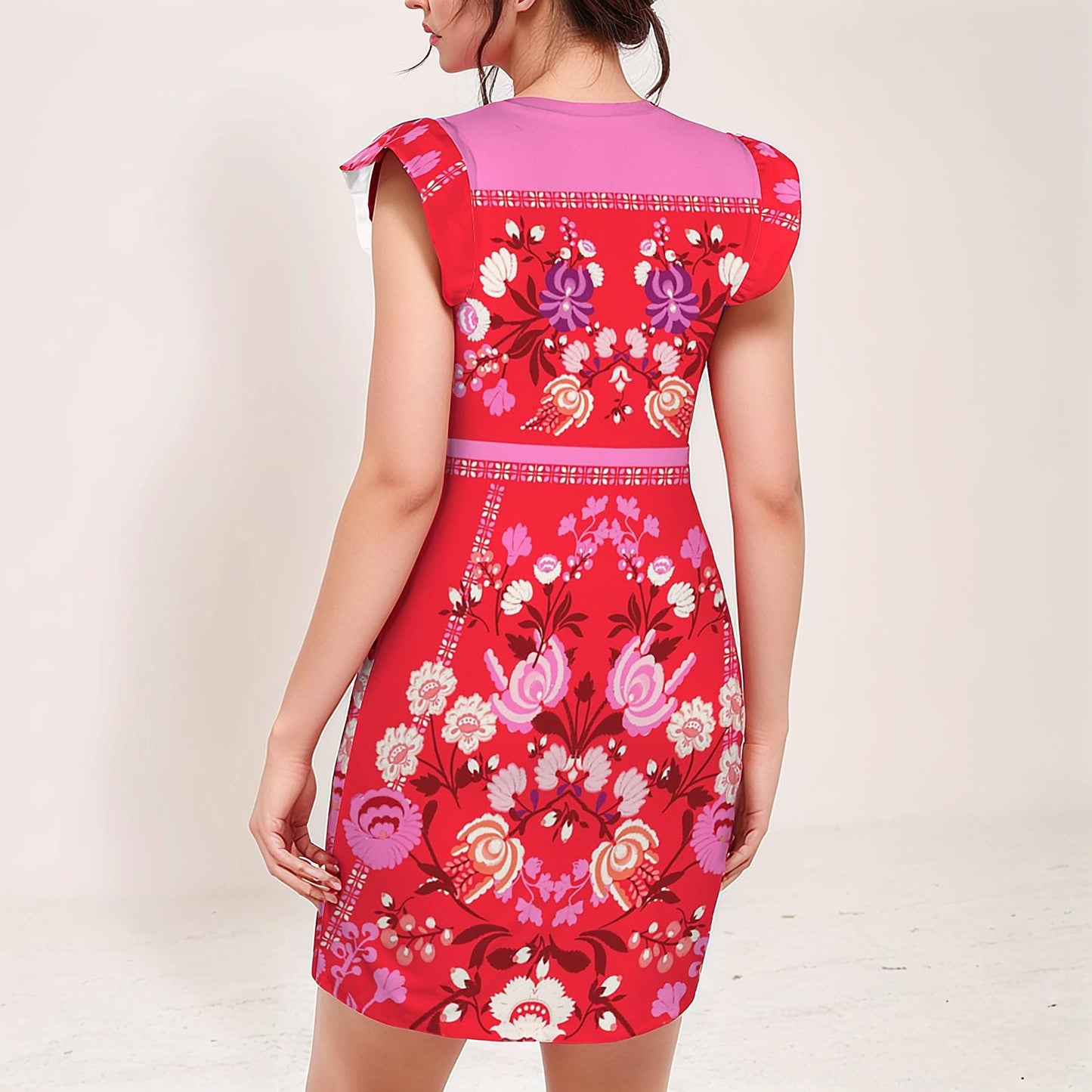 Women's Floral Ruffle Round Neck Bodycon Dress