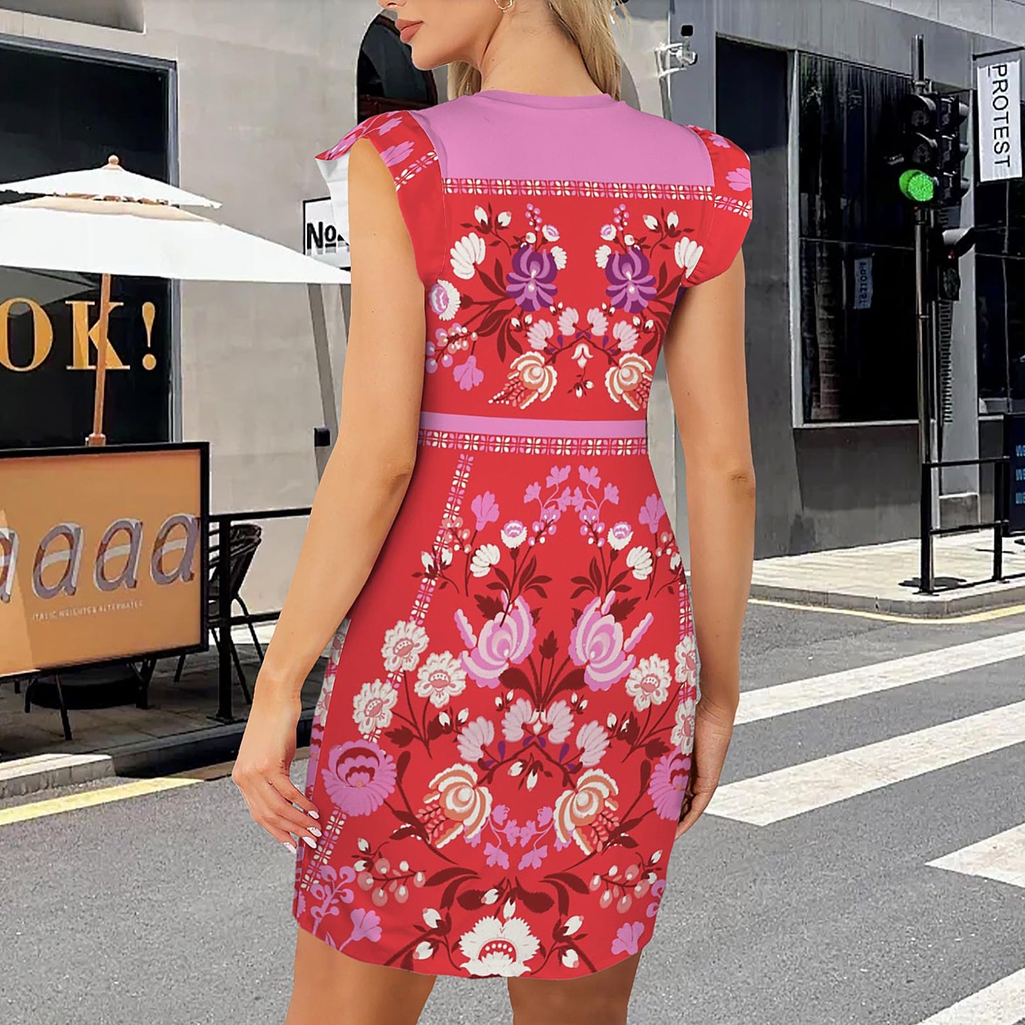 Women's Floral Ruffle Round Neck Bodycon Dress