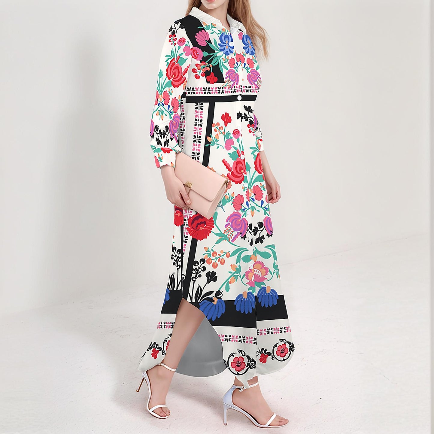 Women's Floral Long Sleeve Button Down Maxi Shirt Dress