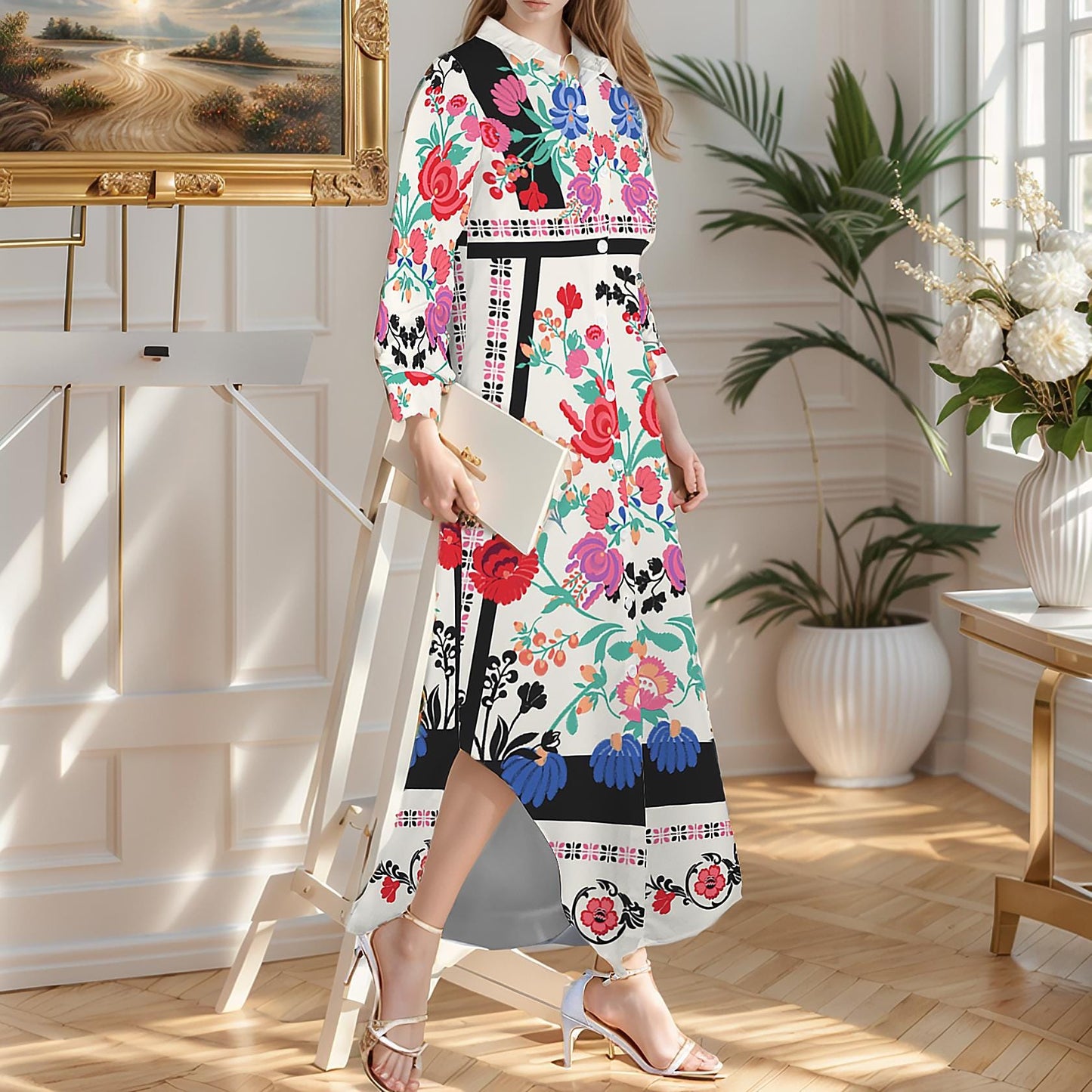 Women's Floral Long Sleeve Button Down Maxi Shirt Dress