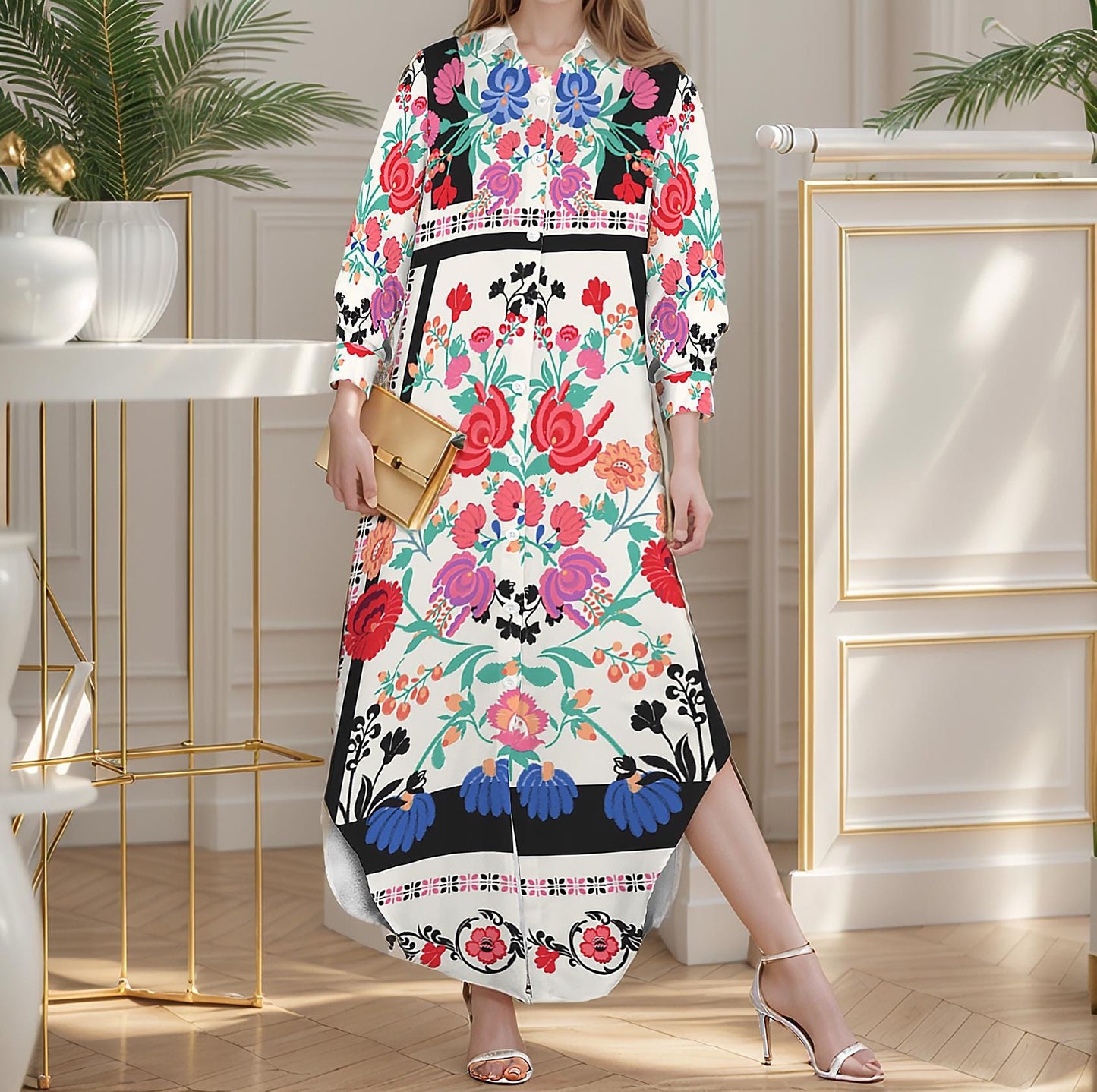 Women's Floral Long Sleeve Button Down Maxi Shirt Dress