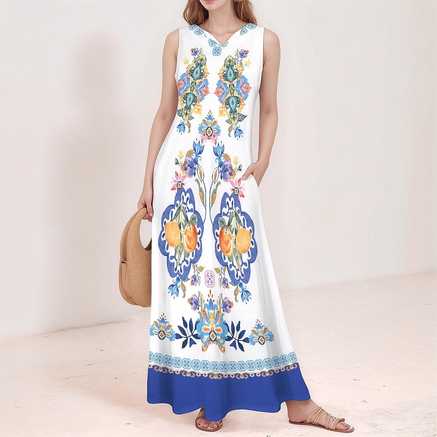 Women's Floral Sleeveless Maxi Dress with Pocket