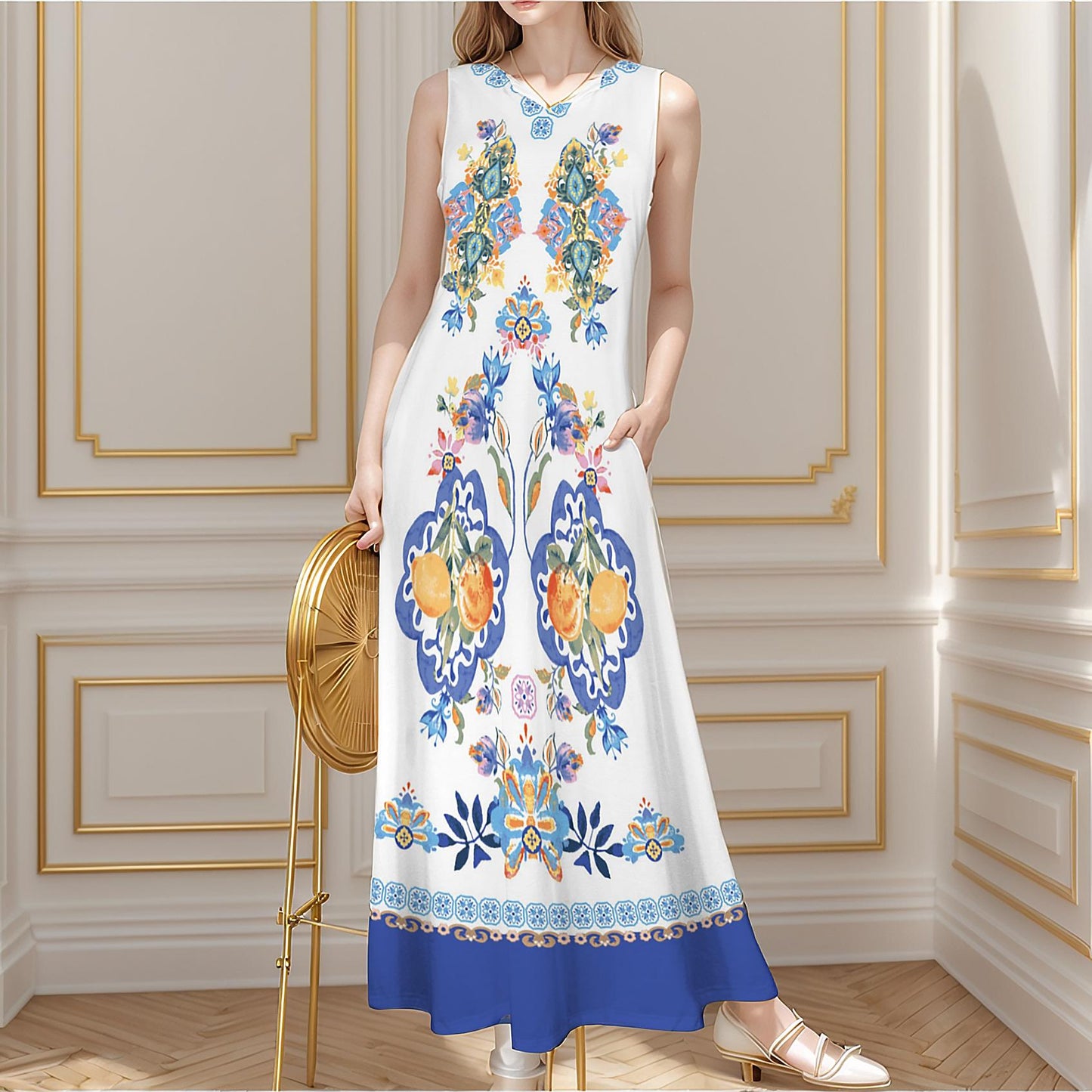 Women's Floral Sleeveless Maxi Dress with Pocket