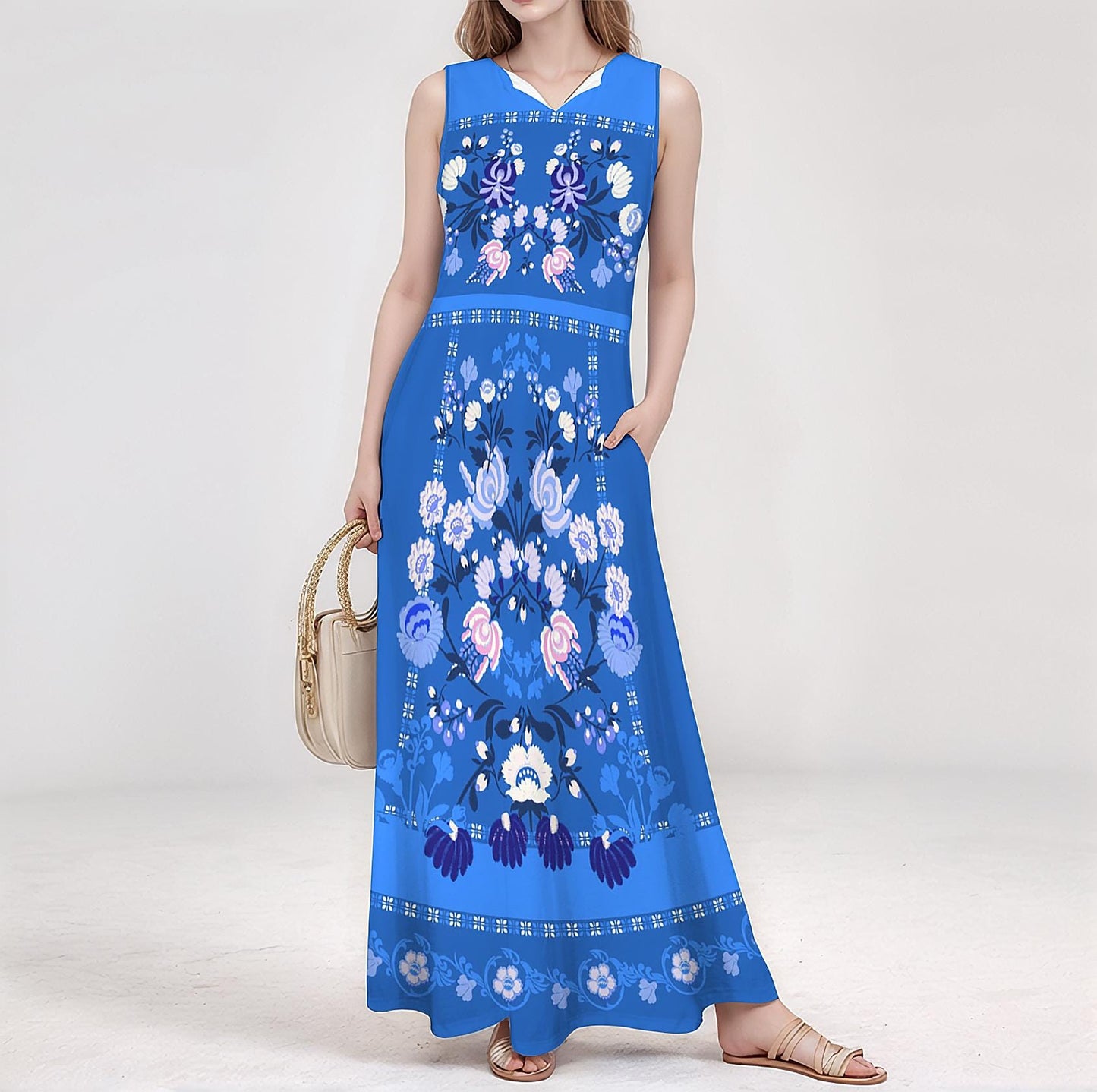 Women's Floral Sleeveless Maxi Dress | Summer Beach Outfit | Casual Boho Maxi | Lightweight Spring Dress | Elegant Floral Style