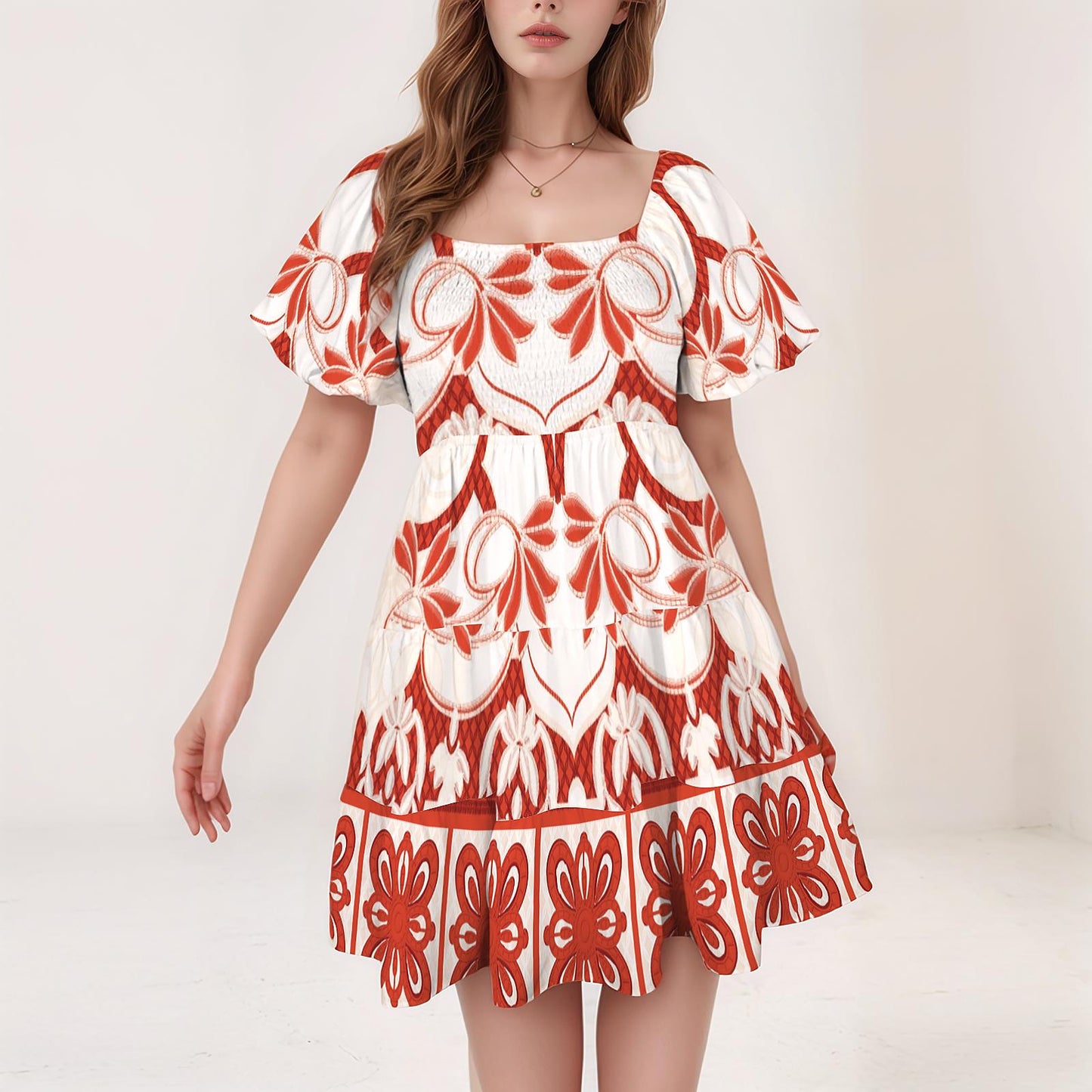 Women's Floral Square Neck Puff Sleeve Tiered A-Line Dress