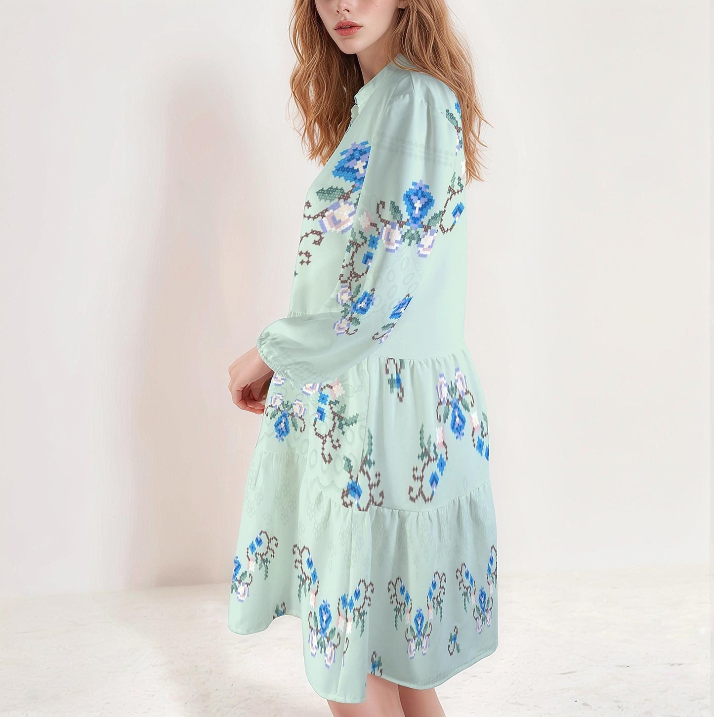 Women's Floral V-Neck Button Down Half Sleeve Shirt Dress