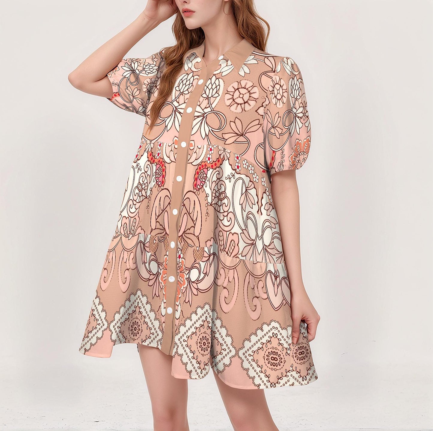 Women's Floral Short Sleeve Tiered Button Down Casual Shirt Dress