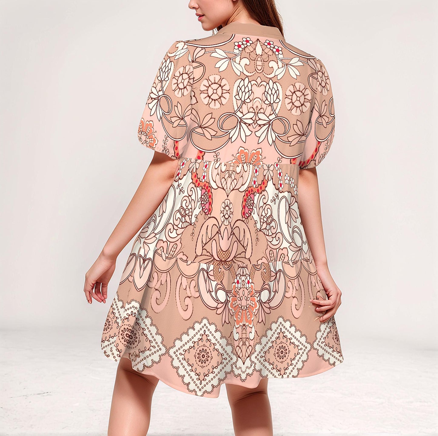 Women's Floral Short Sleeve Tiered Button Down Casual Shirt Dress
