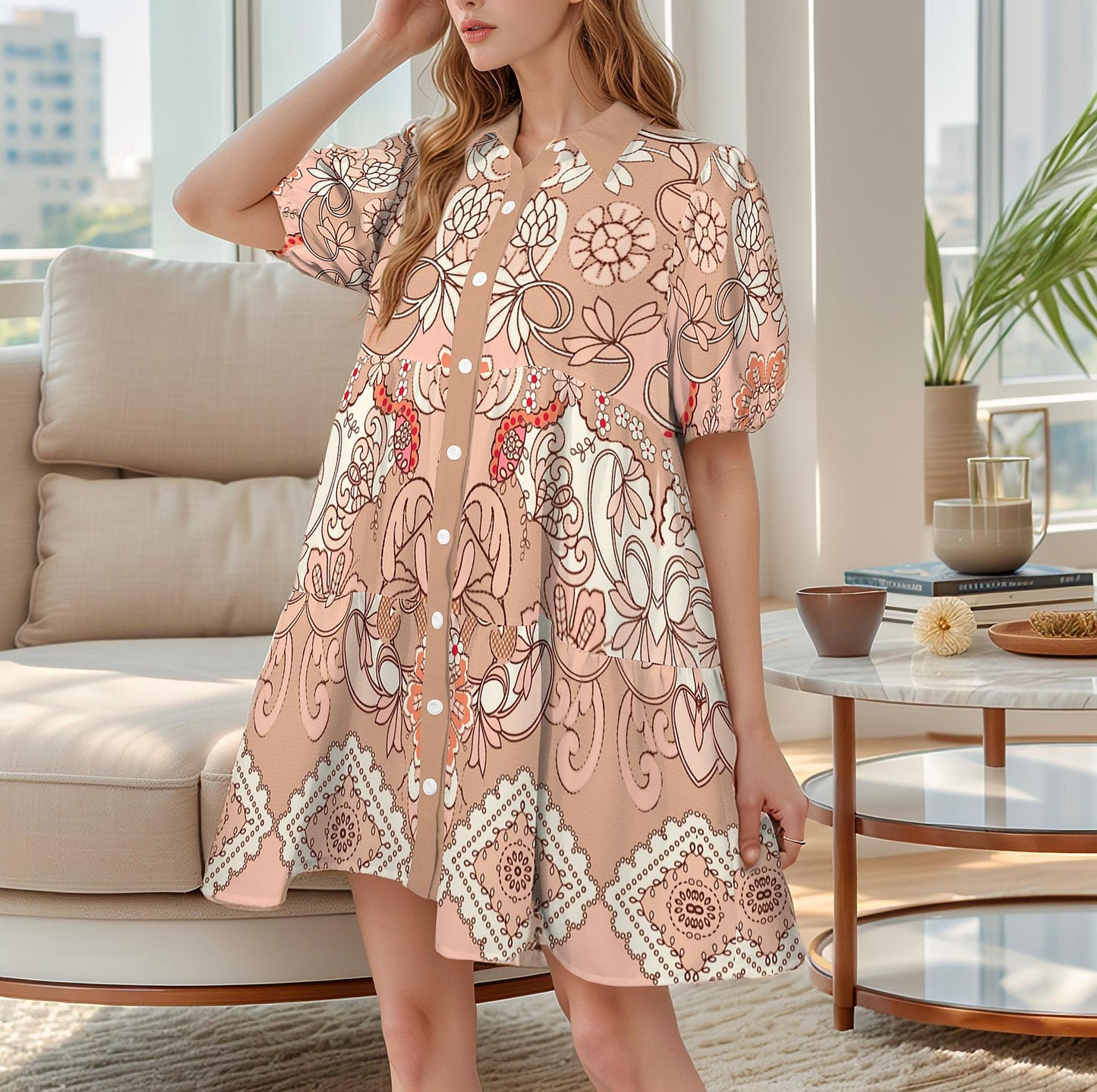 Women's Floral Short Sleeve Tiered Button Down Casual Shirt Dress