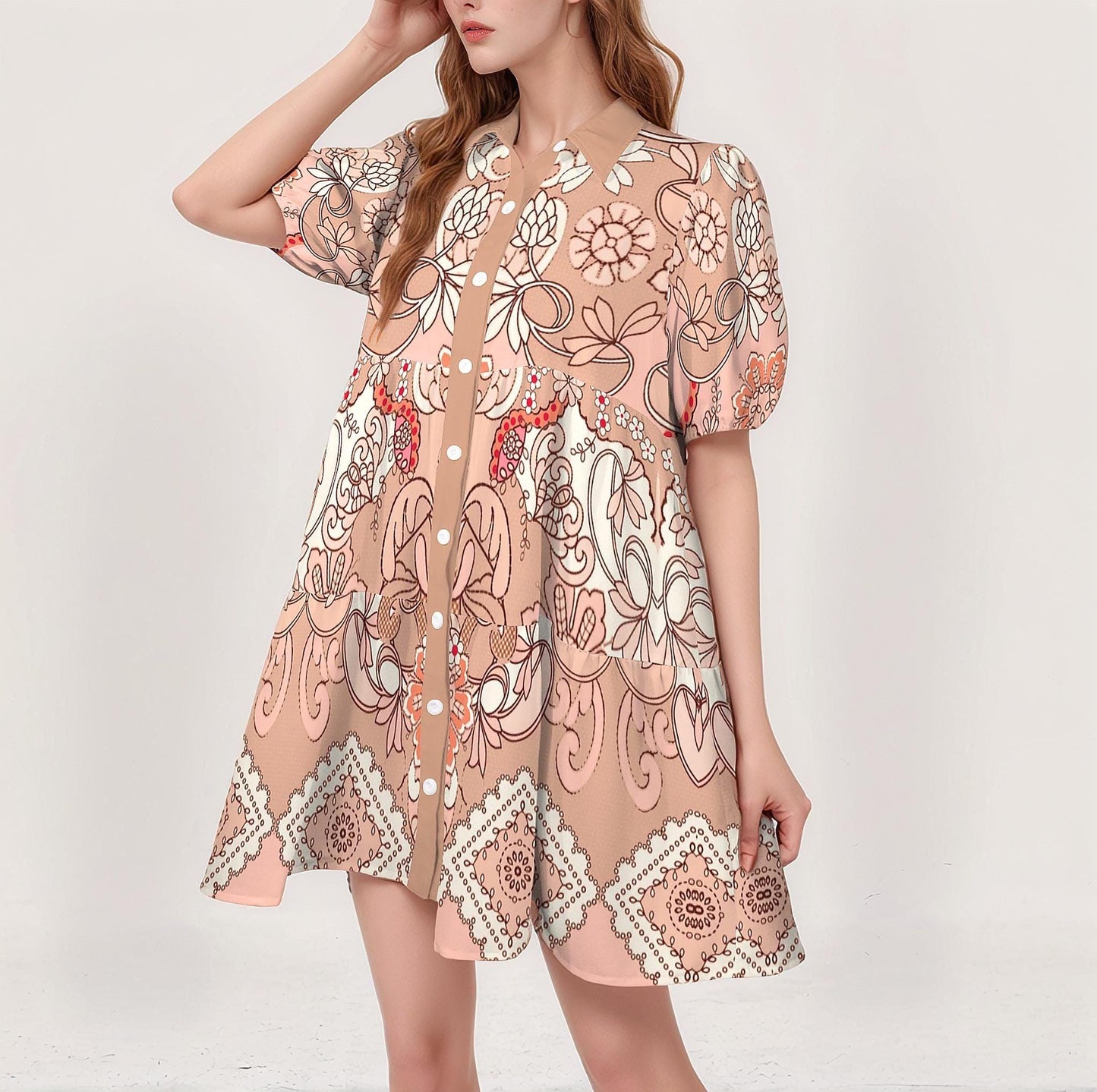Women's Floral Short Sleeve Tiered Button Down Casual Shirt Dress