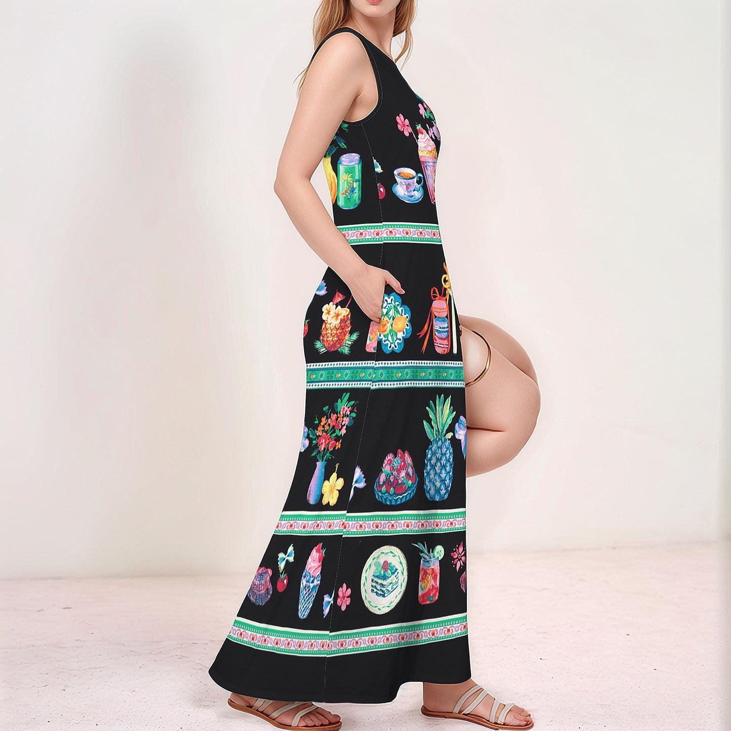 Women's Fruit Print Sleeveless Maxi Dress