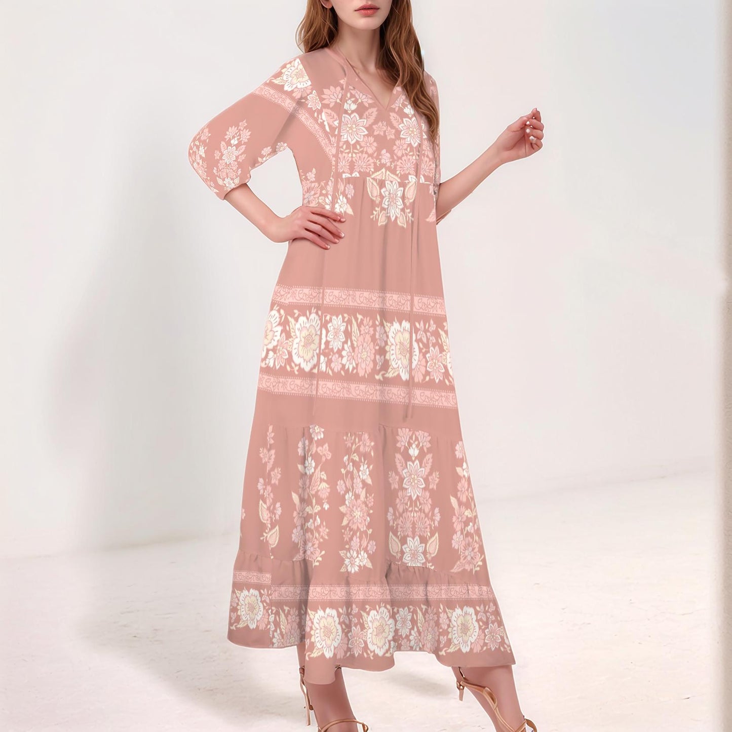Womens Floral Half Sleeve V Neck Maxi Dress | Elegant Spring Outfit | Summer Boho Chic | Lightweight Flowing Style