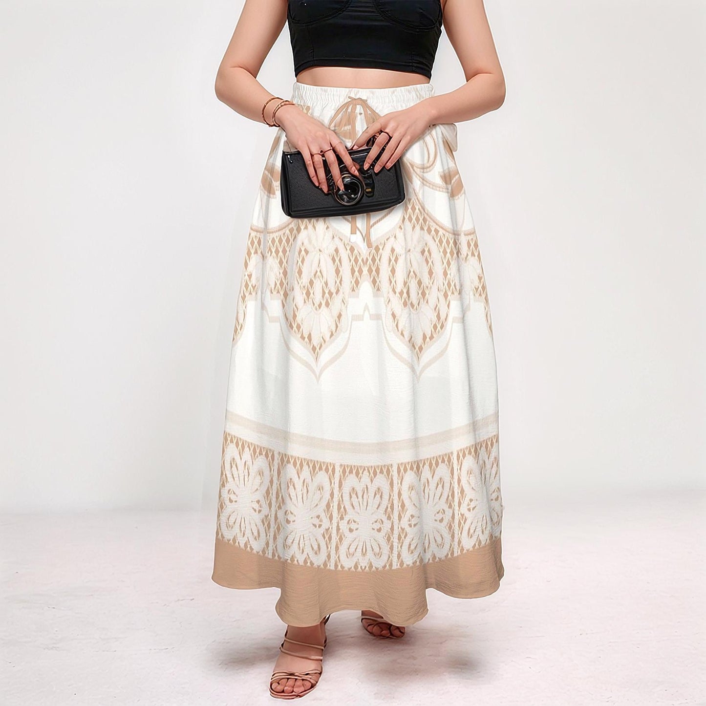 Women's Floral Tie Pleated High Waist Maxi Skirt