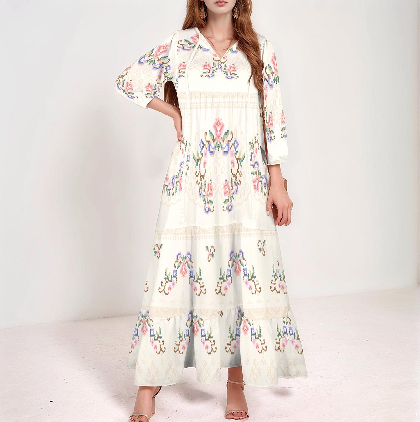 Womens Floral Half Sleeve V Neck Maxi Dress