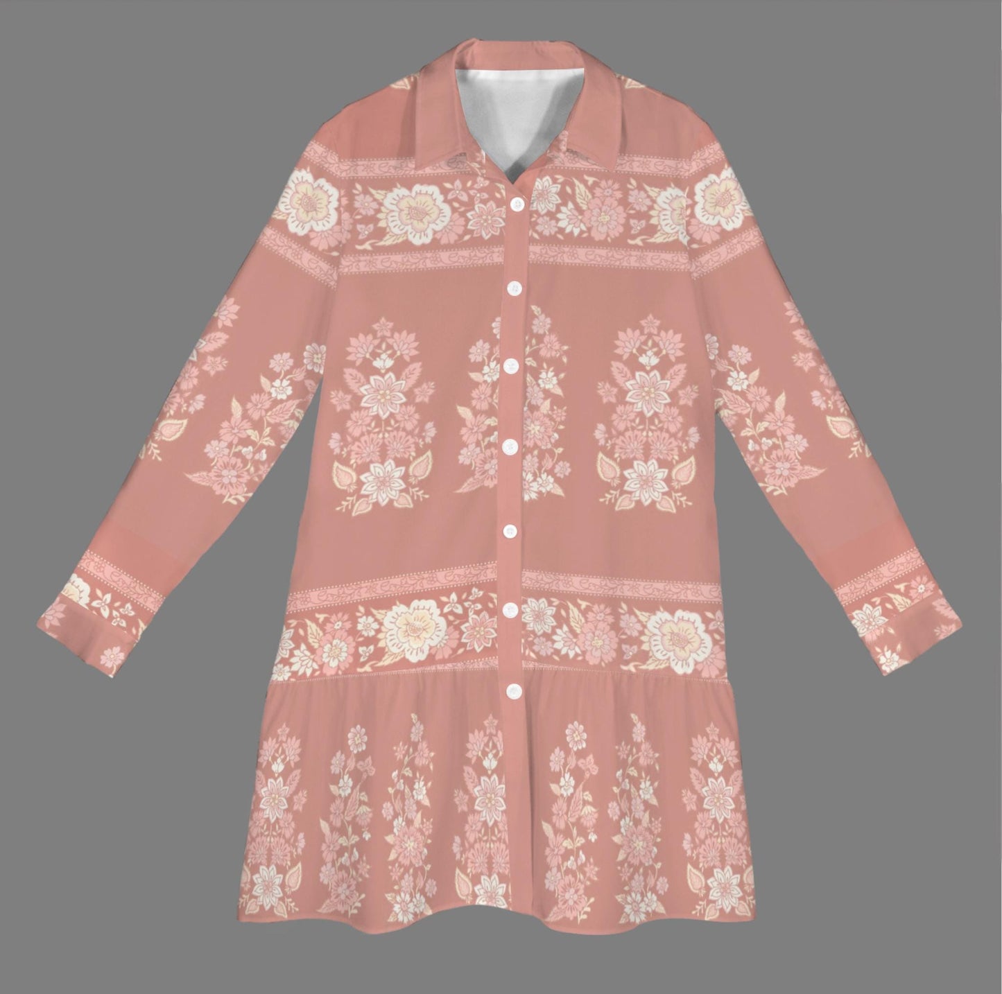 Women's Floral Button Down Long Sleeve Pleated Shirt Dress