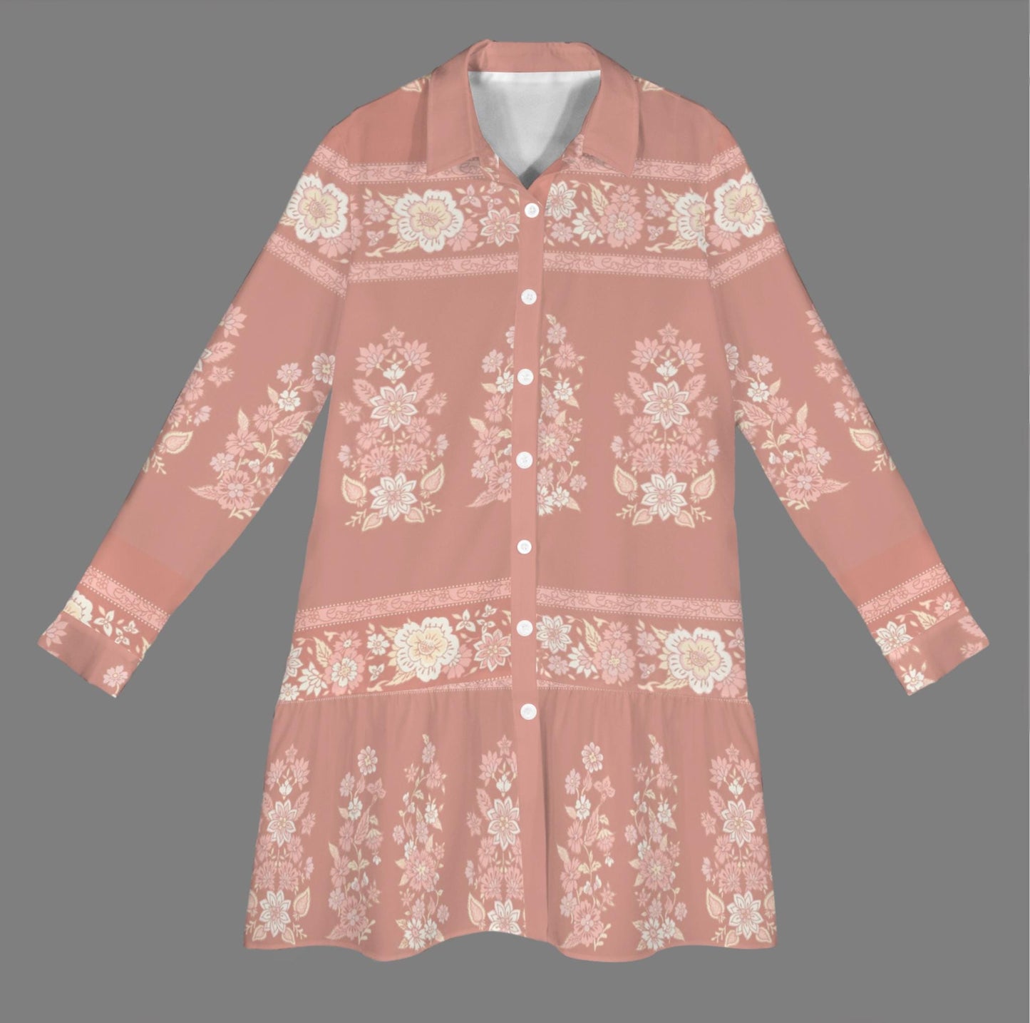 Women's Floral Button Down Long Sleeve Pleated Shirt Dress
