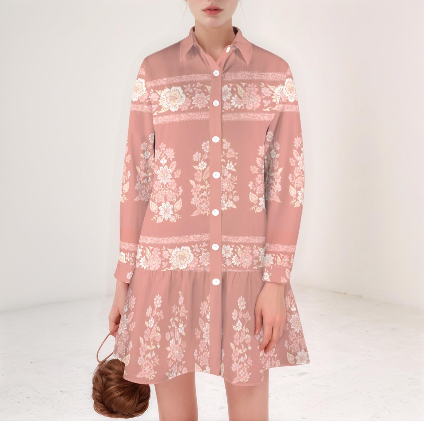 Women's Floral Button Down Long Sleeve Pleated Shirt Dress