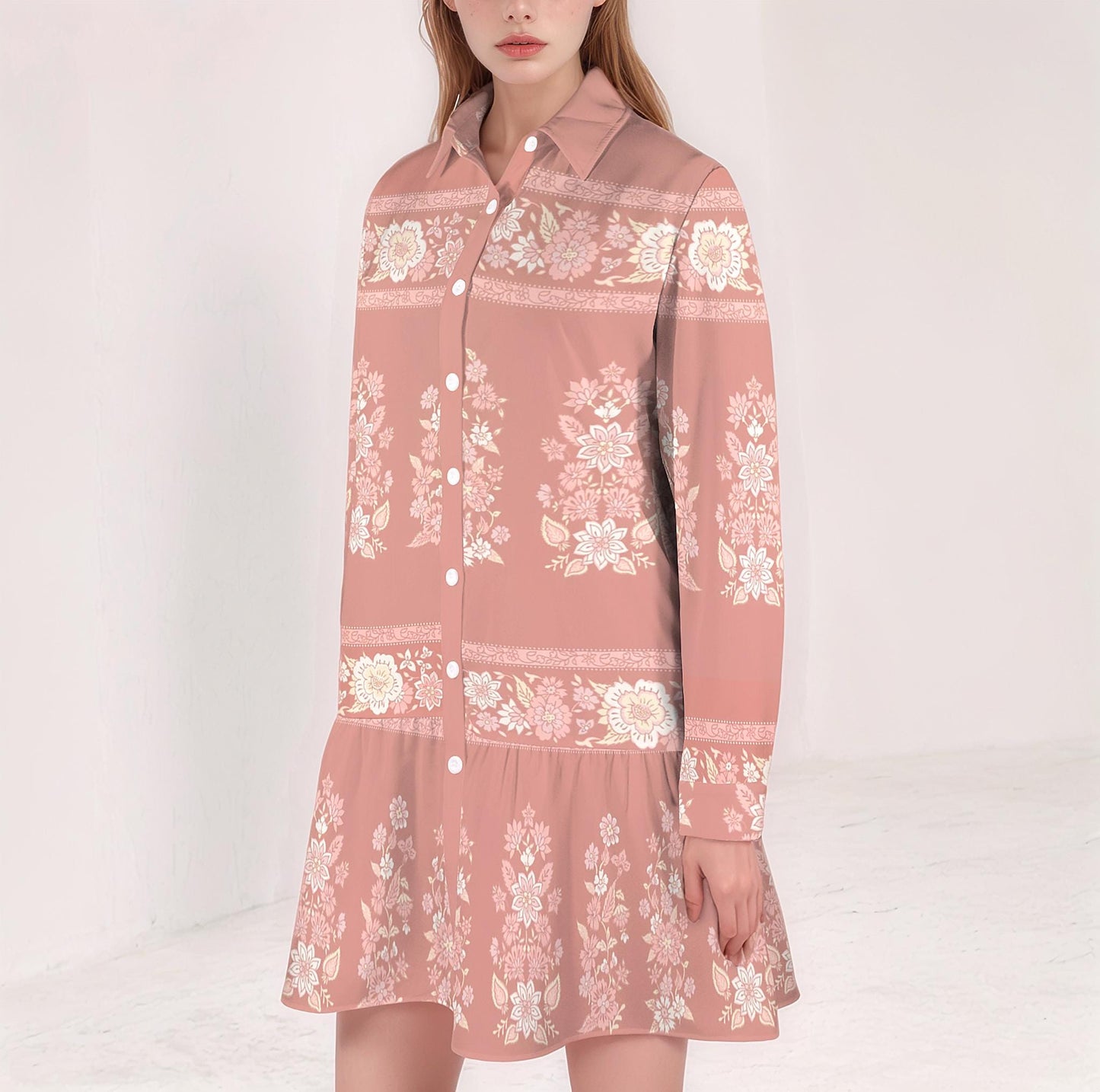 Women's Floral Button Down Long Sleeve Pleated Shirt Dress